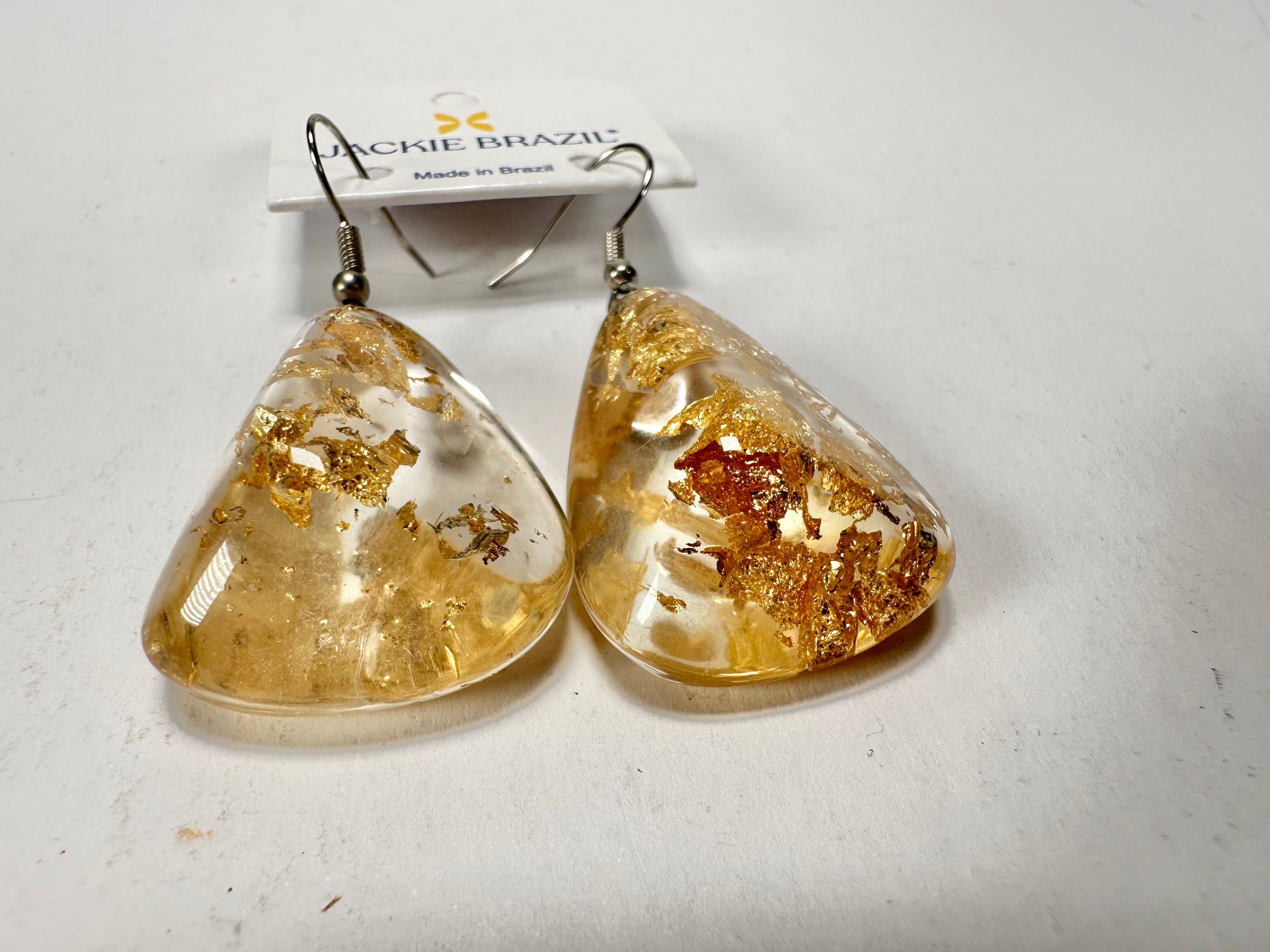 Jackie Brazil "Diamond" Gold Flakes Flinstone on Hook Resin Earrings ( E0700 )