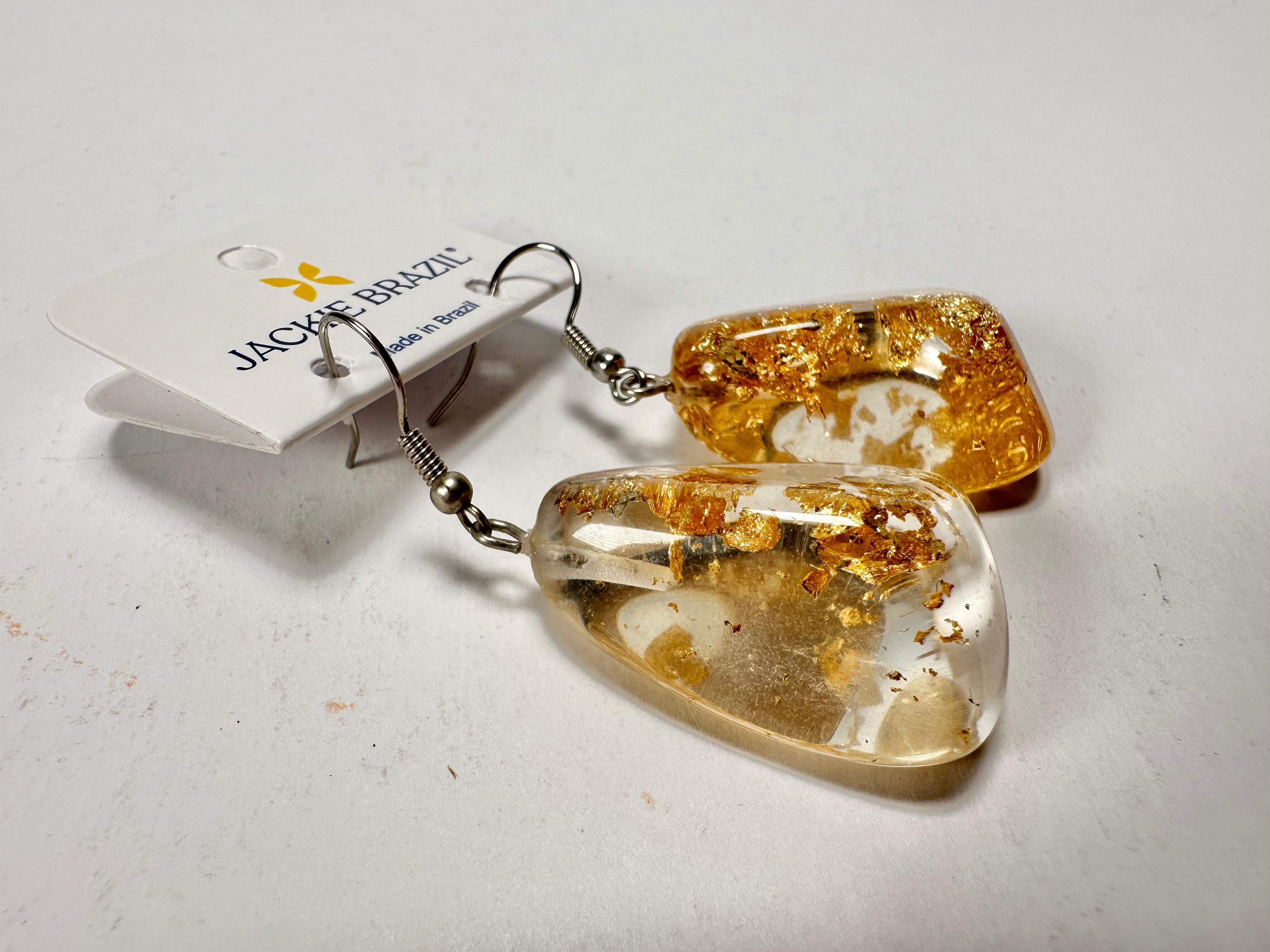 Jackie Brazil "Diamond" Gold Flakes Flinstone on Hook Resin Earrings ( E0700 )