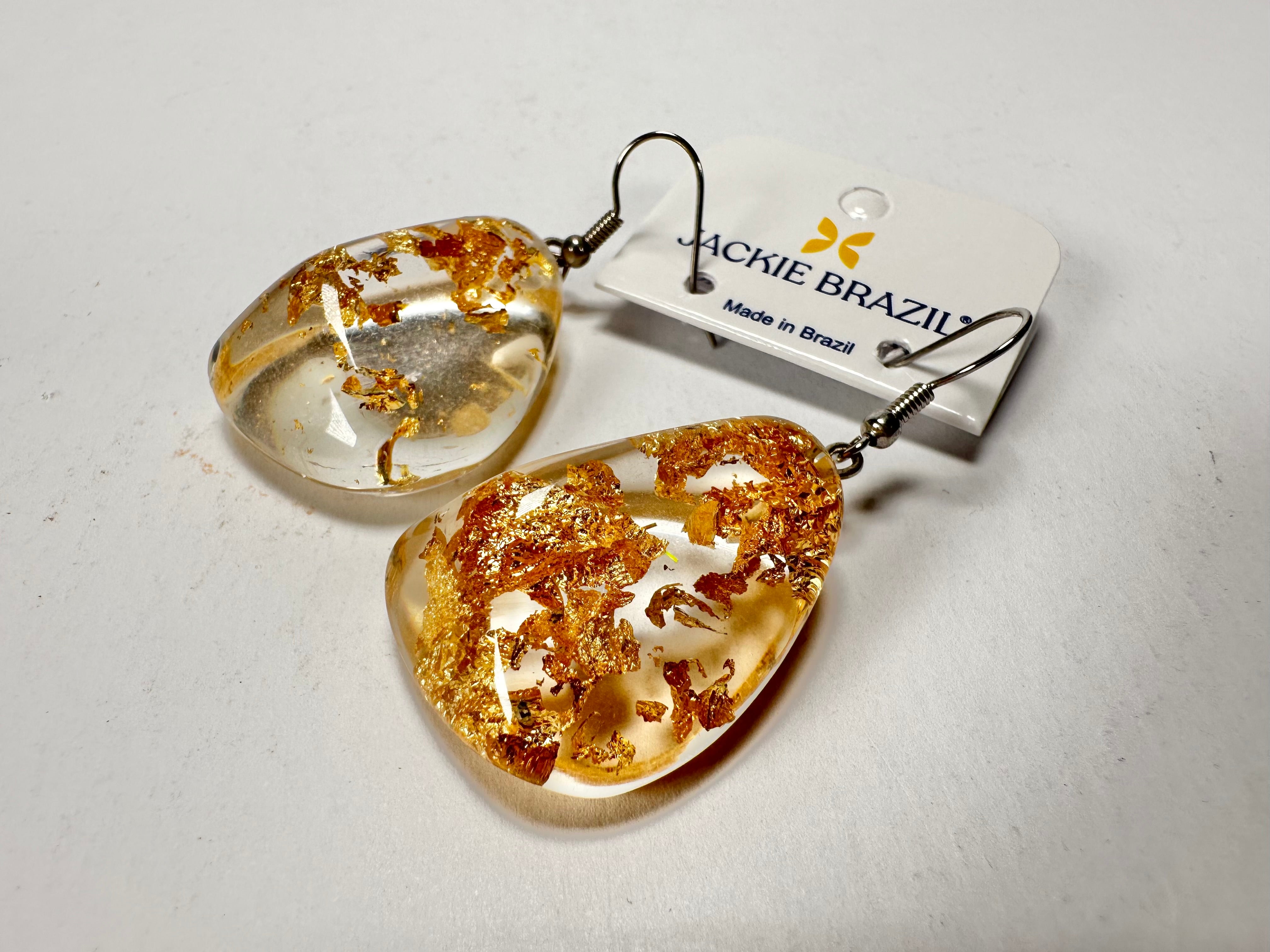 Jackie Brazil "Diamond" Gold Flakes Flinstone on Hook Resin Earrings ( E0700 )