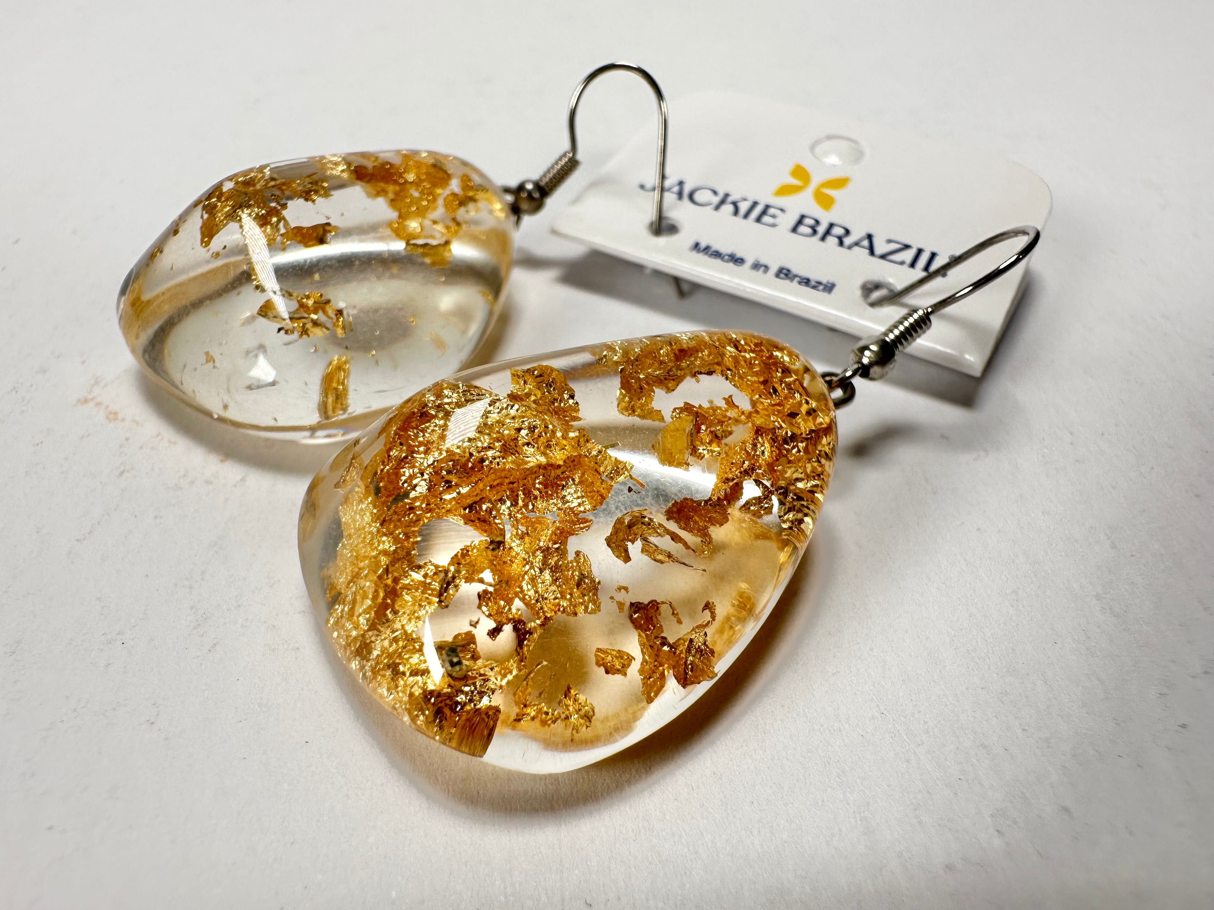 Jackie Brazil "Diamond" Gold Flakes Flinstone on Hook Resin Earrings ( E0700 )