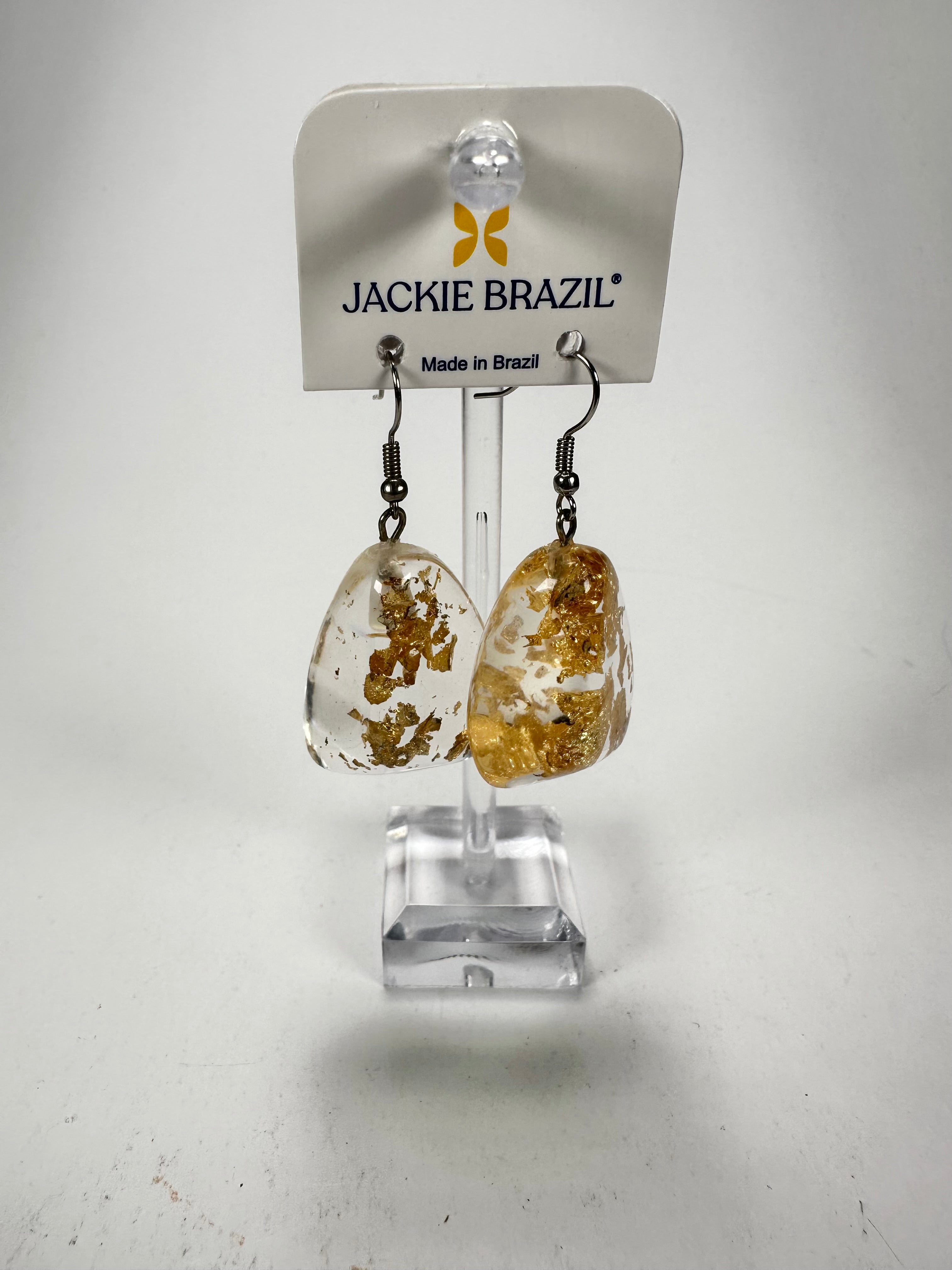 Jackie Brazil "Diamond" Gold Flakes Flinstone on Hook Resin Earrings ( E0700 )