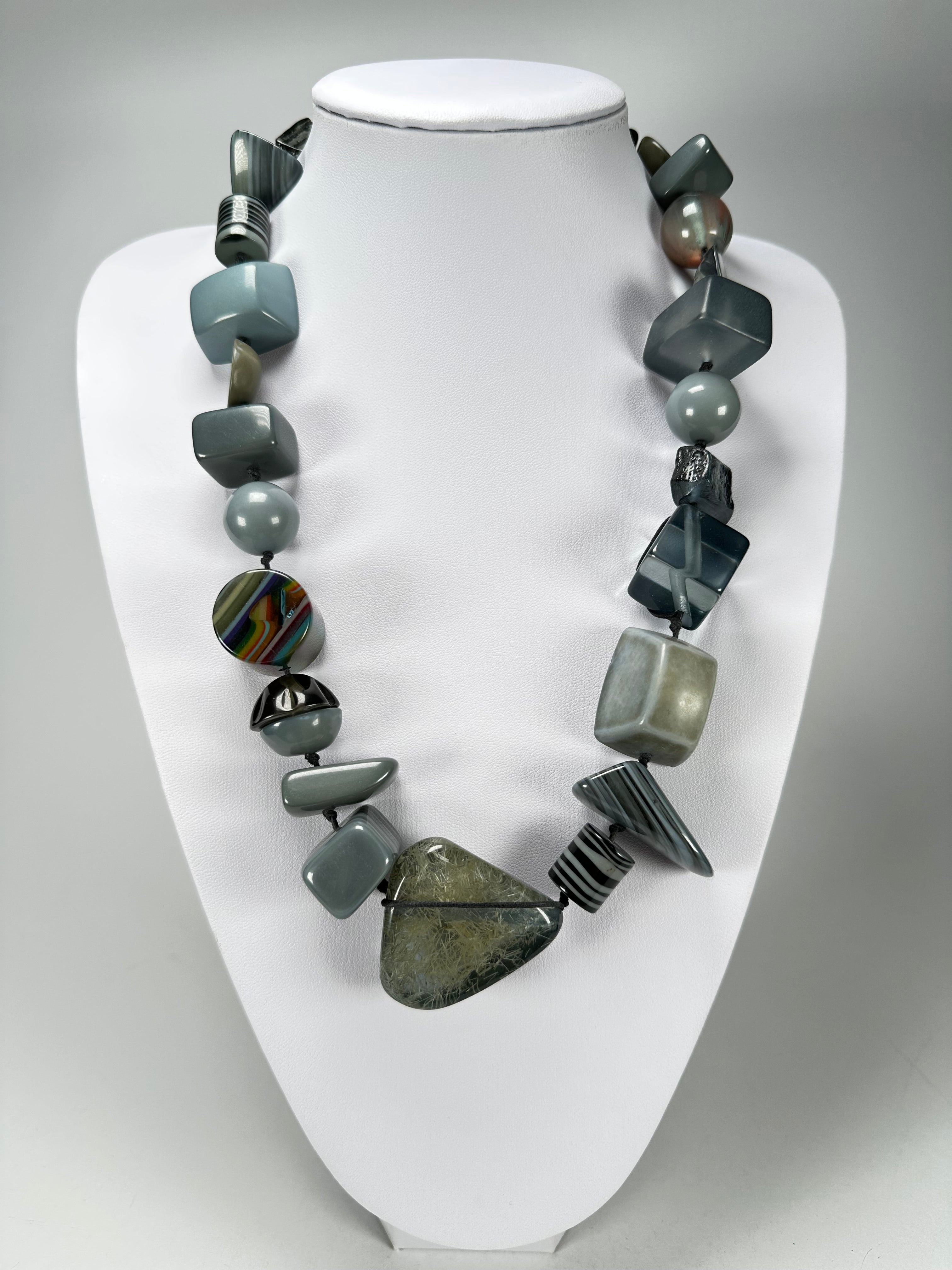 Jackie Brazil "Indiana" Grey Mix Multi-Bead Medium Resin 70cm Necklace ( N0033 )