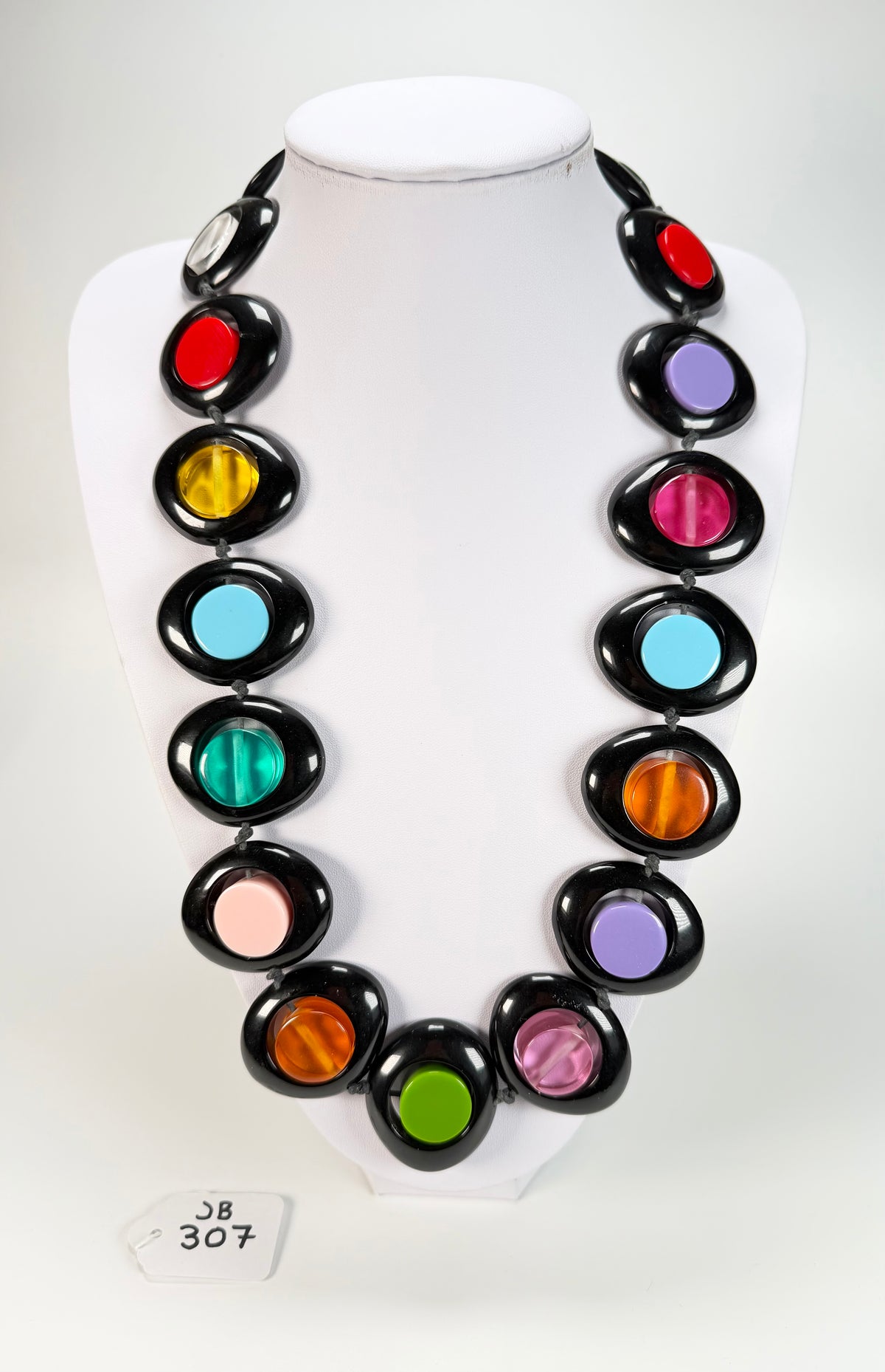 Jackie Brazil "Saturn" Black & Transparent Summer Mix Disc & Cylinder Long 75cm Necklace ( N0065 )