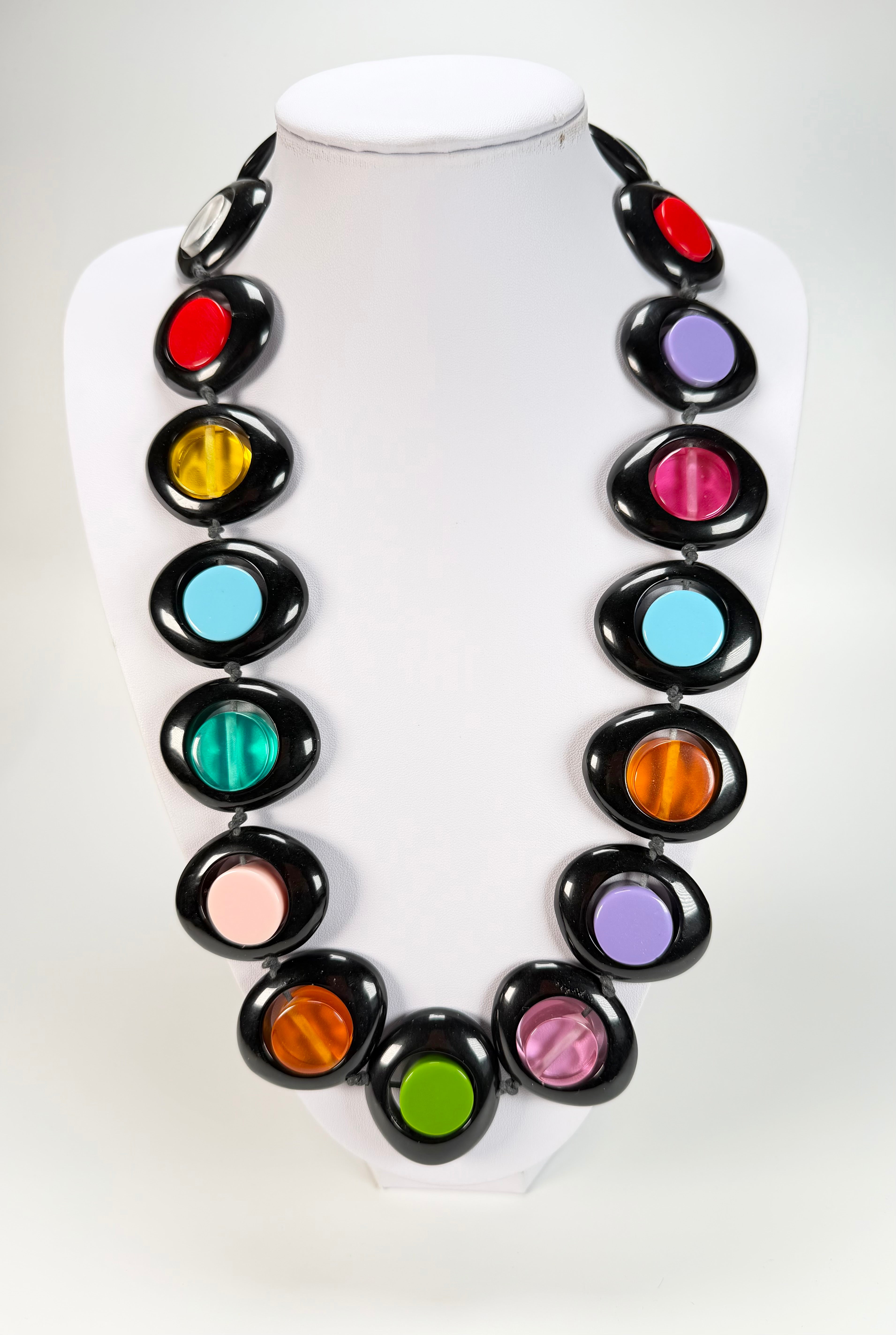 Jackie Brazil "Saturn" Black & Transparent Summer Mix Disc & Cylinder Long 75cm Necklace ( N0065 )