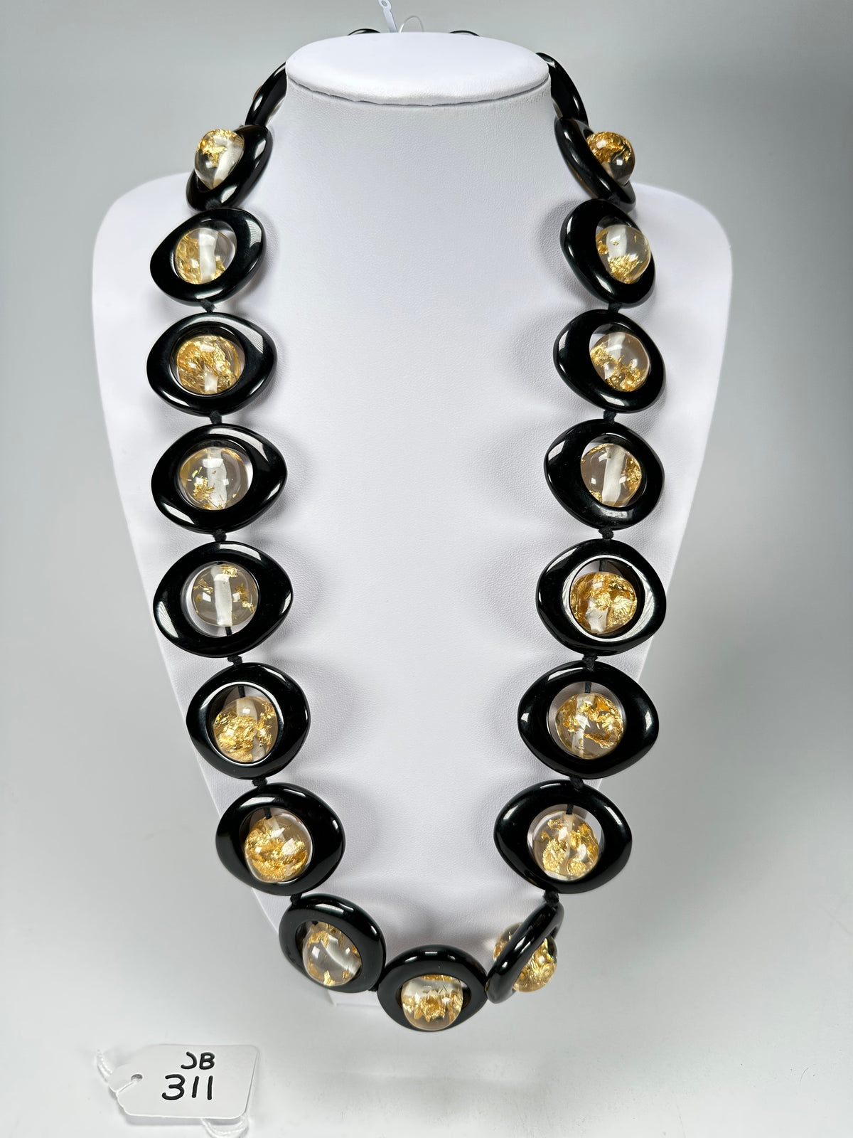 Jackie Brazil "Saturn" Black & Gold Flakes Disc & Ball Long 75cm Necklace ( N0052 )