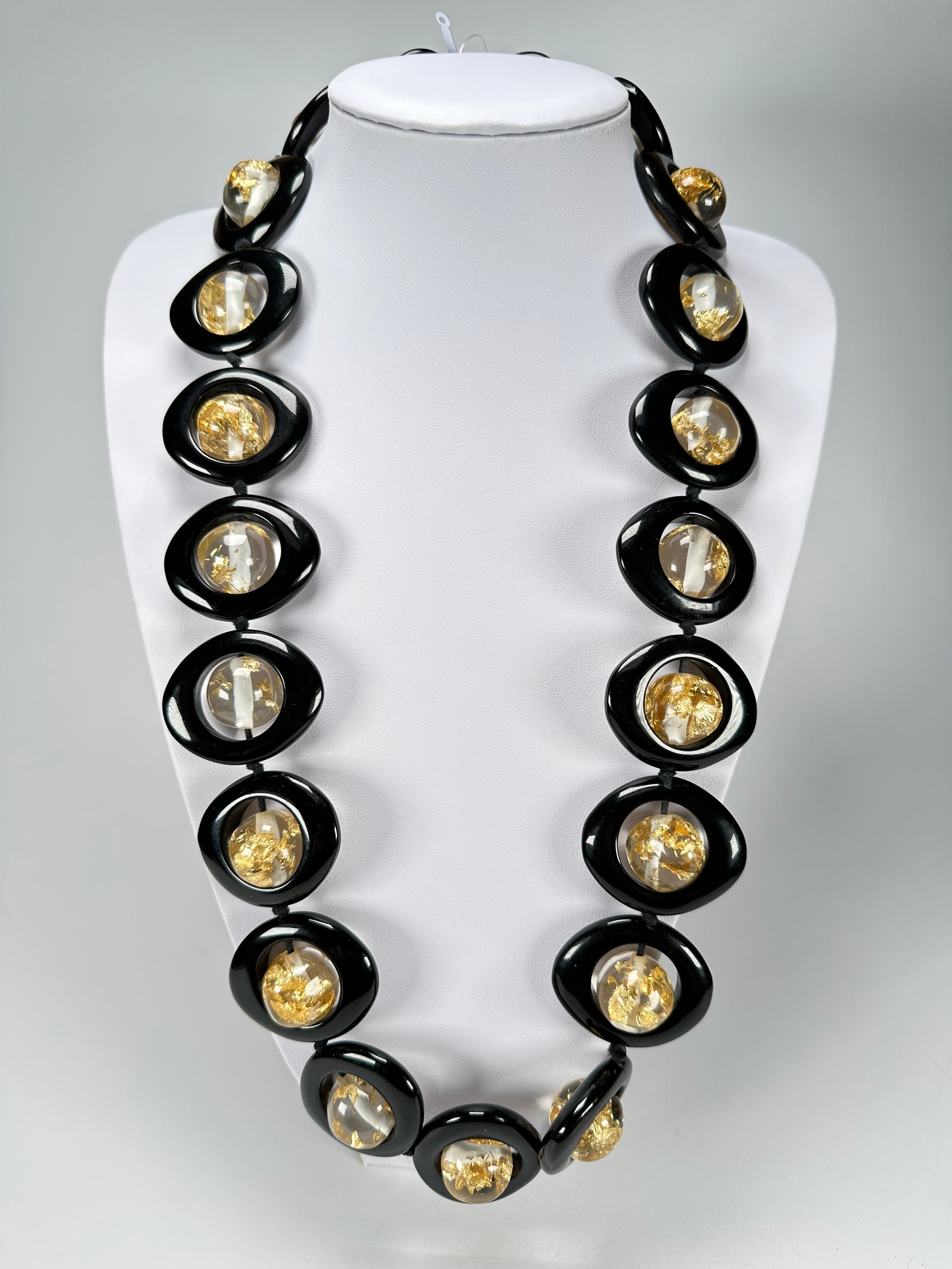 Jackie Brazil "Saturn" Black & Gold Flakes Disc & Ball Long 75cm Necklace ( N0052 )