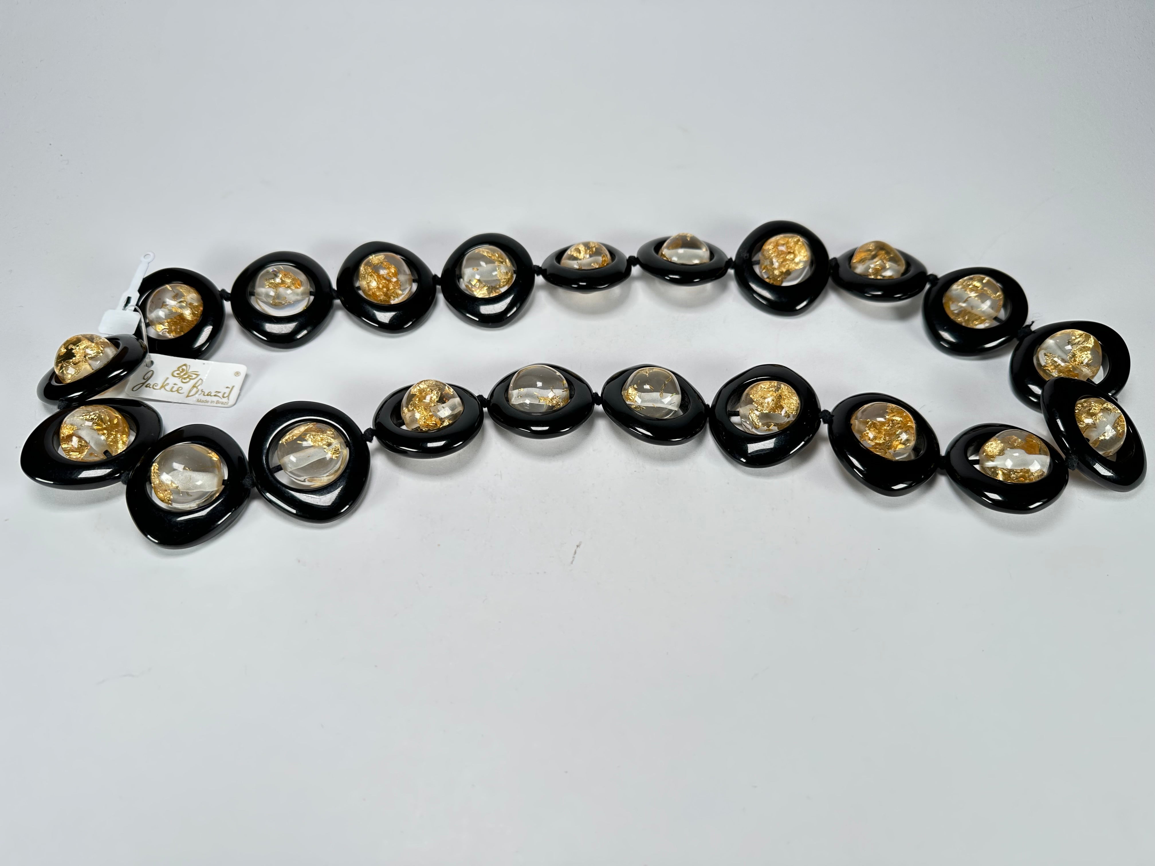 Jackie Brazil "Saturn" Black & Gold Flakes Disc & Ball Long 75cm Necklace ( N0052 )