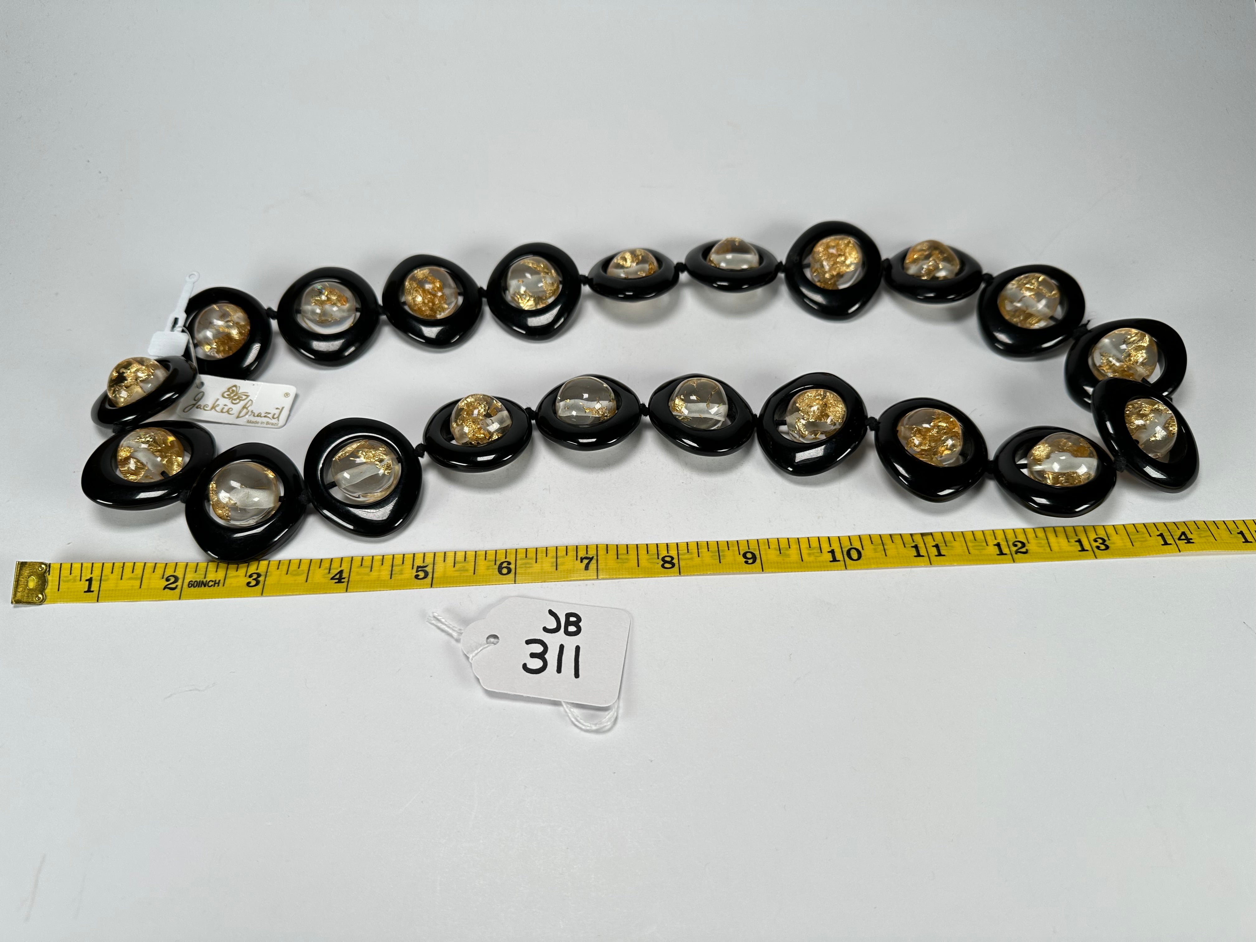 Jackie Brazil "Saturn" Black & Gold Flakes Disc & Ball Long 75cm Necklace ( N0052 )