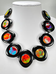 Jackie Brazil "Saturn" Black & Kandinsky Disk and Cylinder On String Short 50cm Necklace ( N0060 )