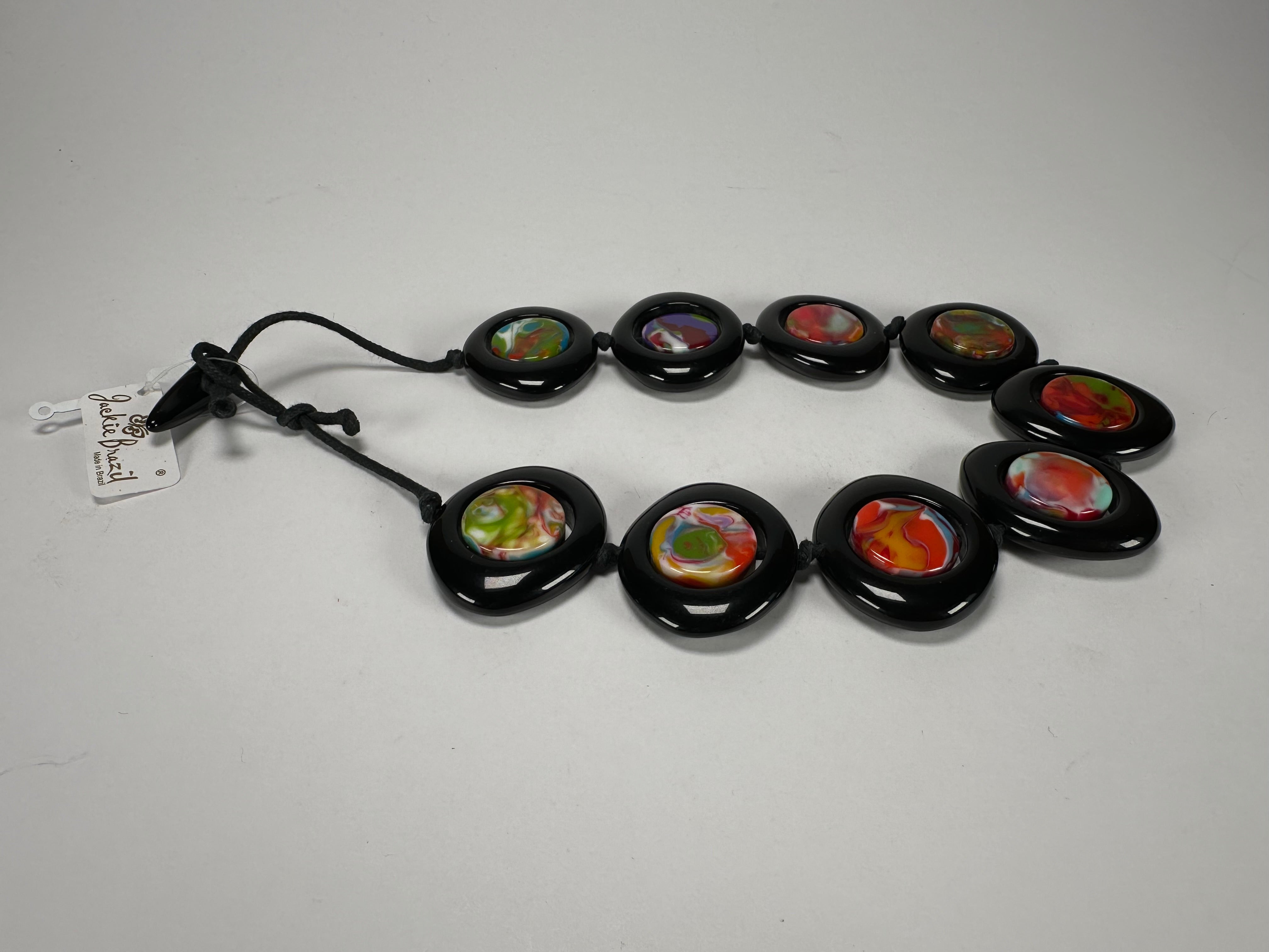 Jackie Brazil "Saturn" Black & Kandinsky Disk and Cylinder On String Short 50cm Necklace ( N0060 )