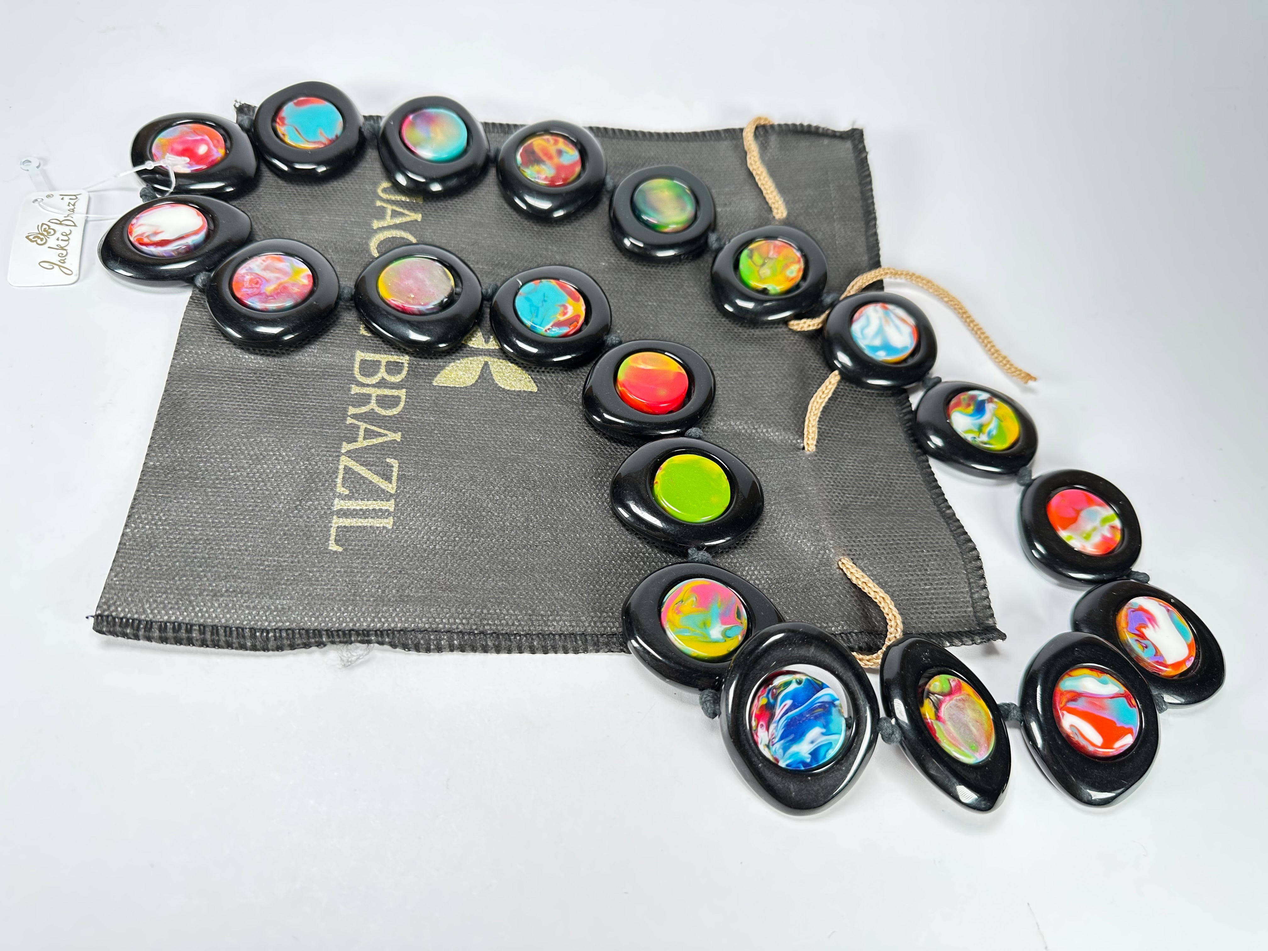 Jackie Brazil "Saturn" Black & Kandinsky Disk and Cylinder Long 75cm Necklace ( N0065 )