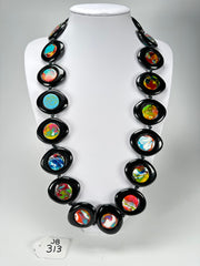 Jackie Brazil "Saturn" Black & Kandinsky Disk and Cylinder Long 75cm Necklace ( N0065 )