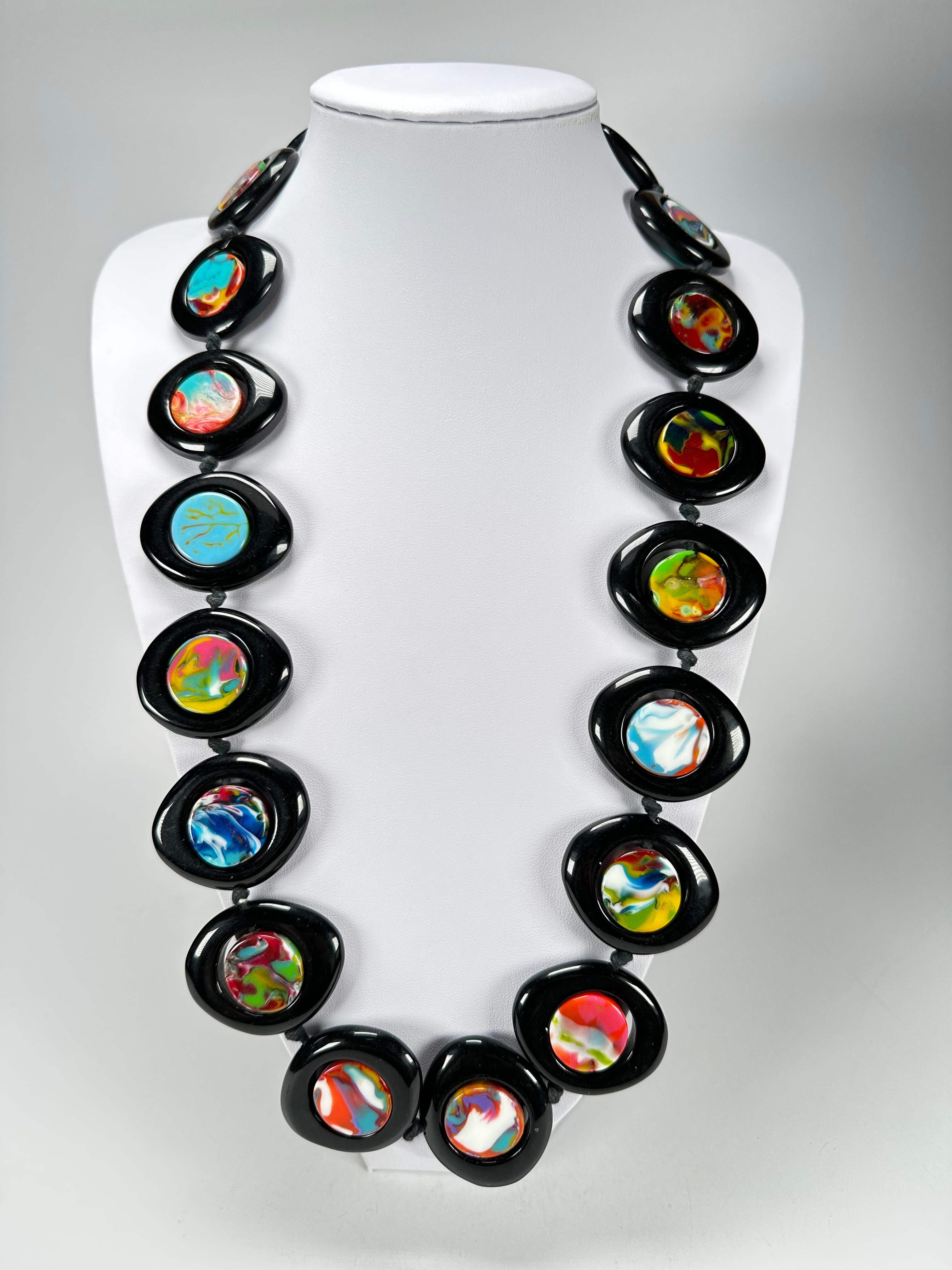 Jackie Brazil "Saturn" Black & Kandinsky Disk and Cylinder Long 75cm Necklace ( N0065 )