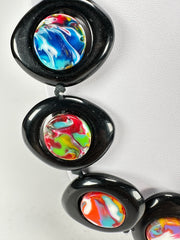 Jackie Brazil "Saturn" Black & Kandinsky Disk and Cylinder Long 75cm Necklace ( N0065 )