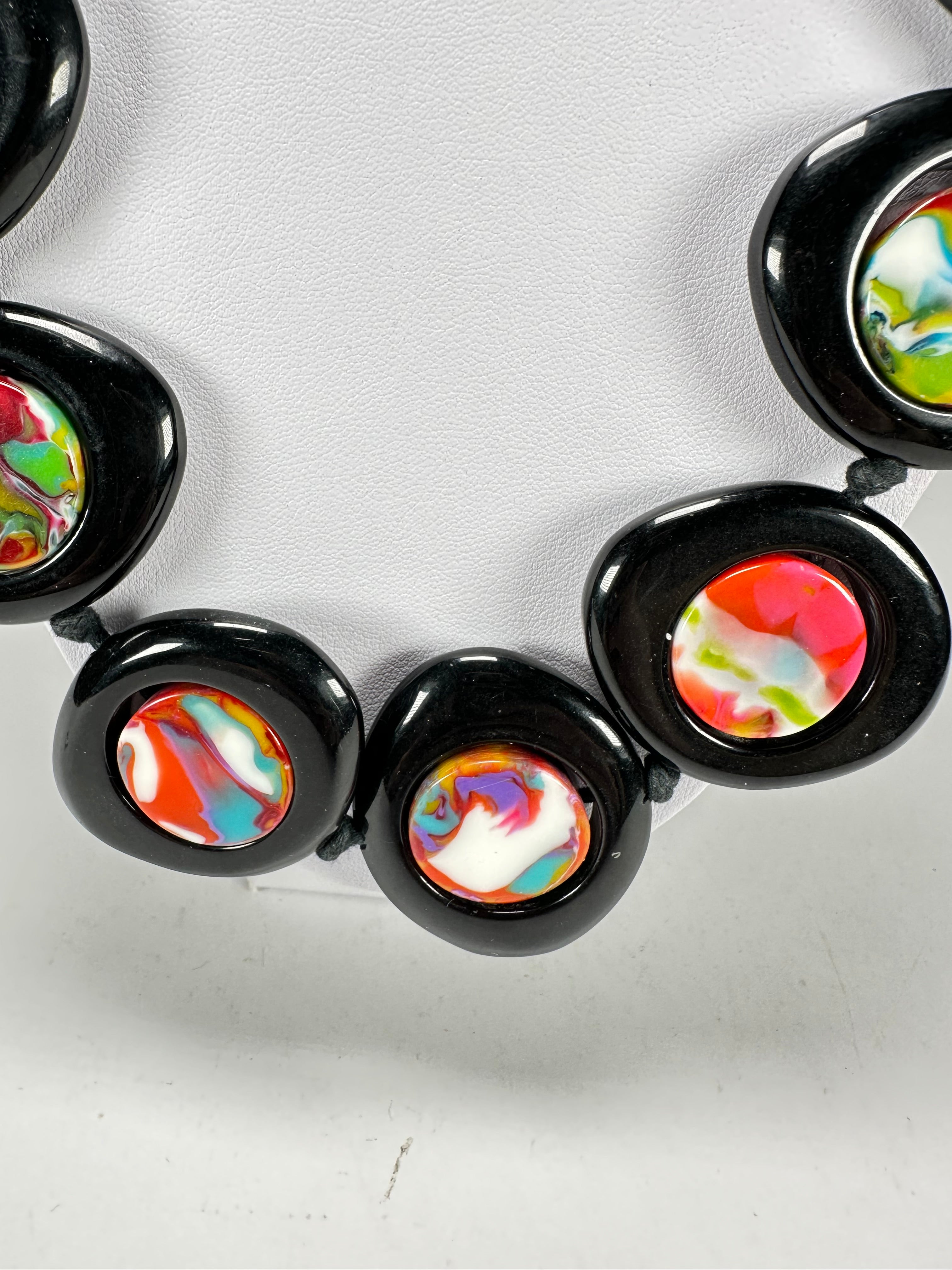 Jackie Brazil "Saturn" Black & Kandinsky Disk and Cylinder Long 75cm Necklace ( N0065 )