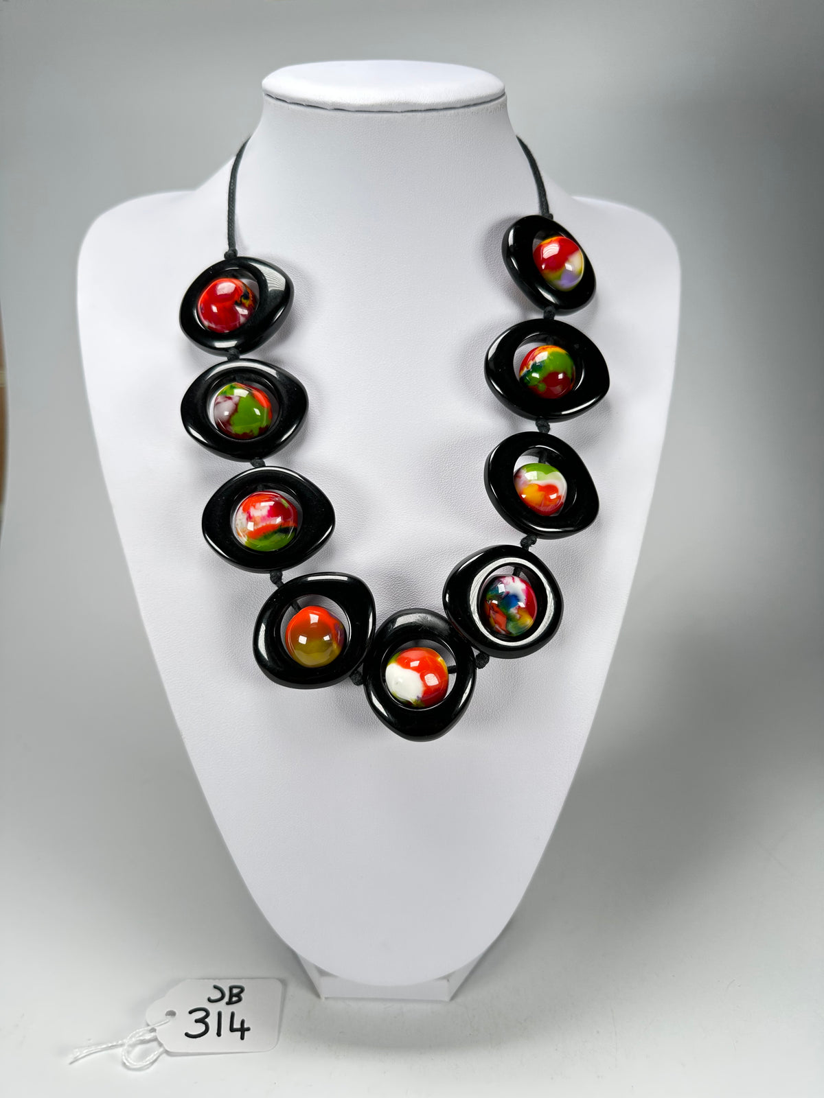 Jackie Brazil "Saturn" Black & Kandinsky Disc & Ball On String Short 50cm Necklace ( N0051 )