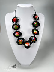 Jackie Brazil "Saturn" Black & Kandinsky Disc & Ball On String Short 50cm Necklace ( N0051 )