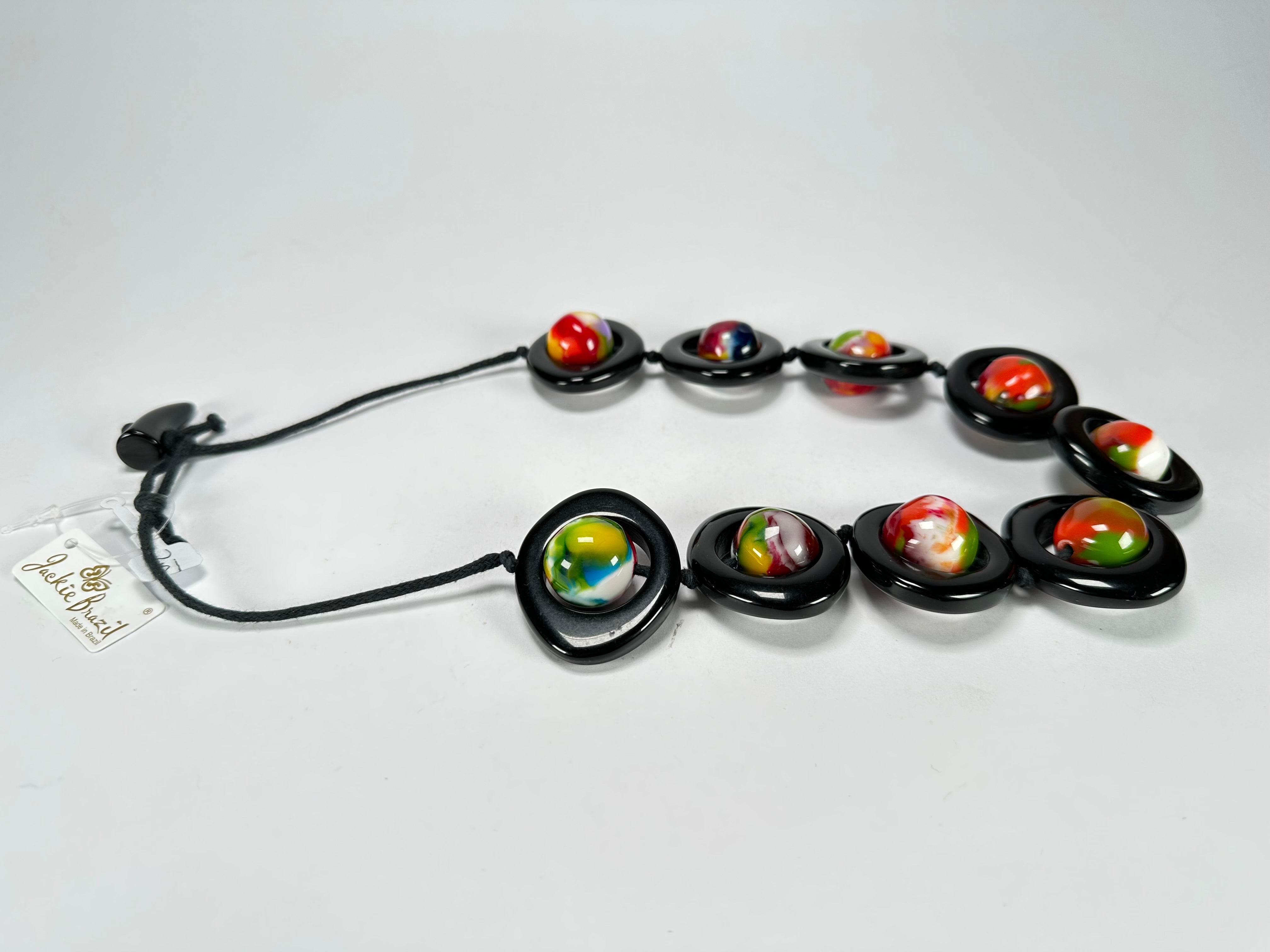 Jackie Brazil "Saturn" Black & Kandinsky Disc & Ball On String Short 50cm Necklace ( N0051 )