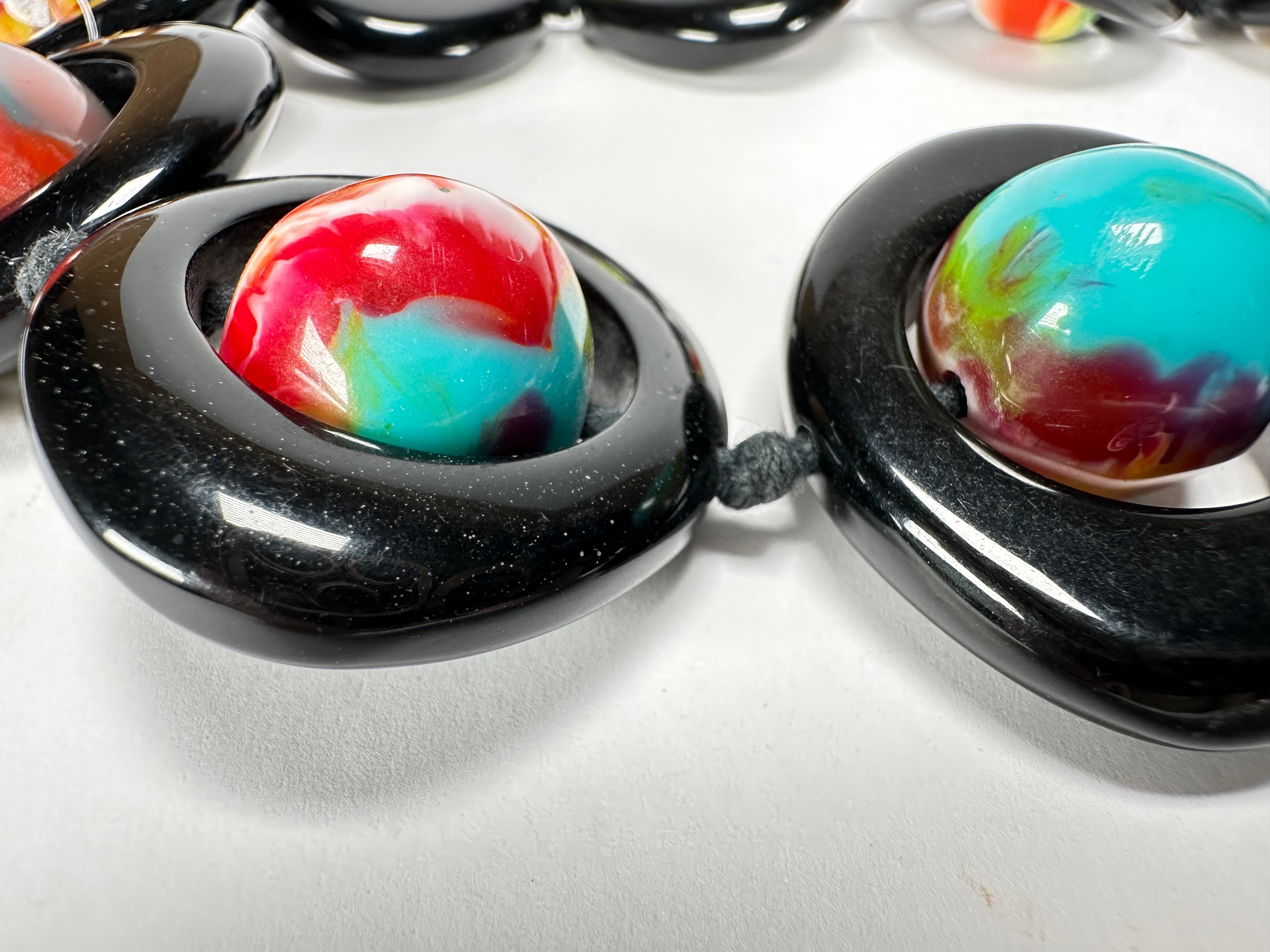 Jackie Brazil "Saturn" Black & Kandinsky Disc & Ball Long 75cm Necklace ( N0052 )