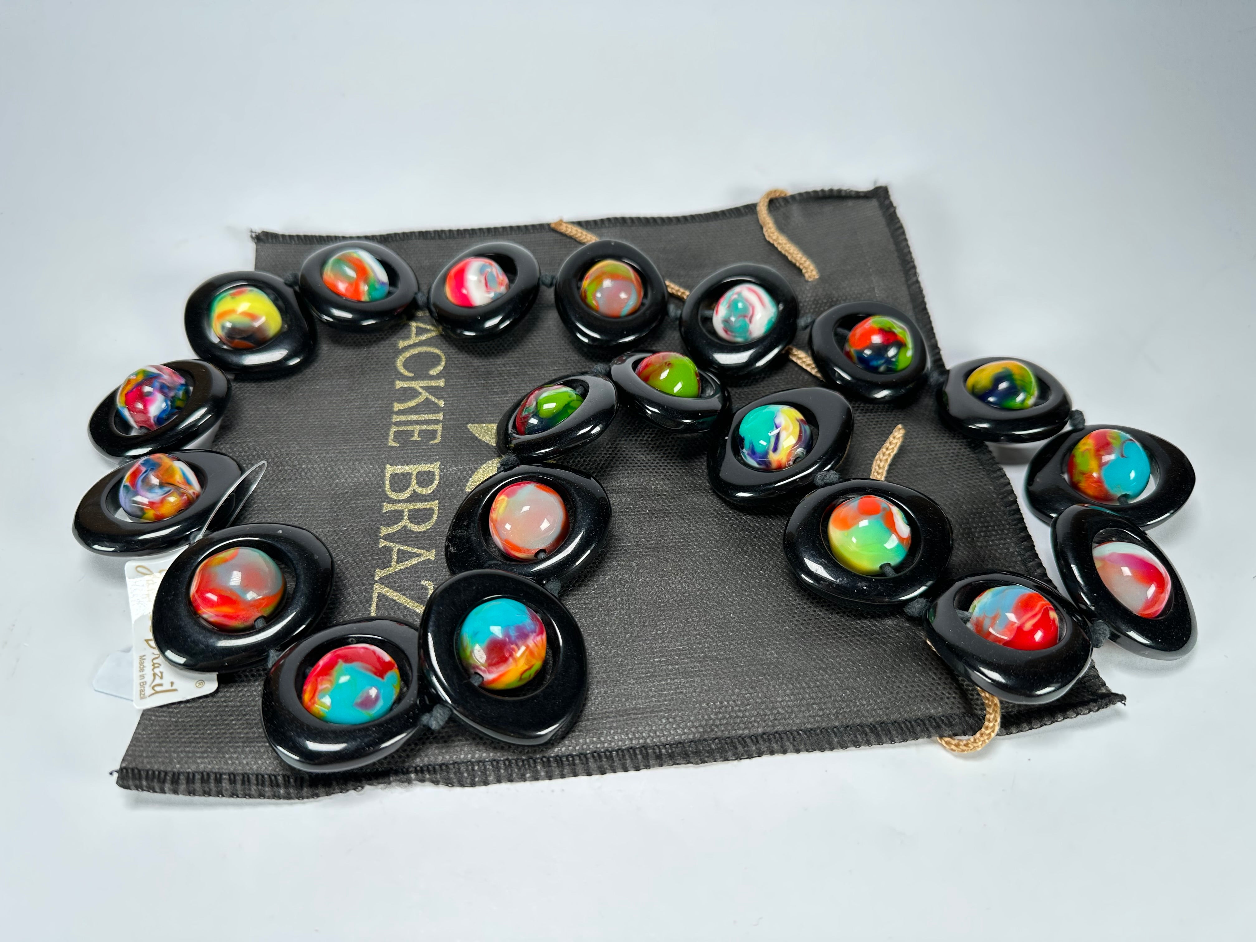 Jackie Brazil "Saturn" Black & Kandinsky Disc & Ball Long 75cm Necklace ( N0052 )