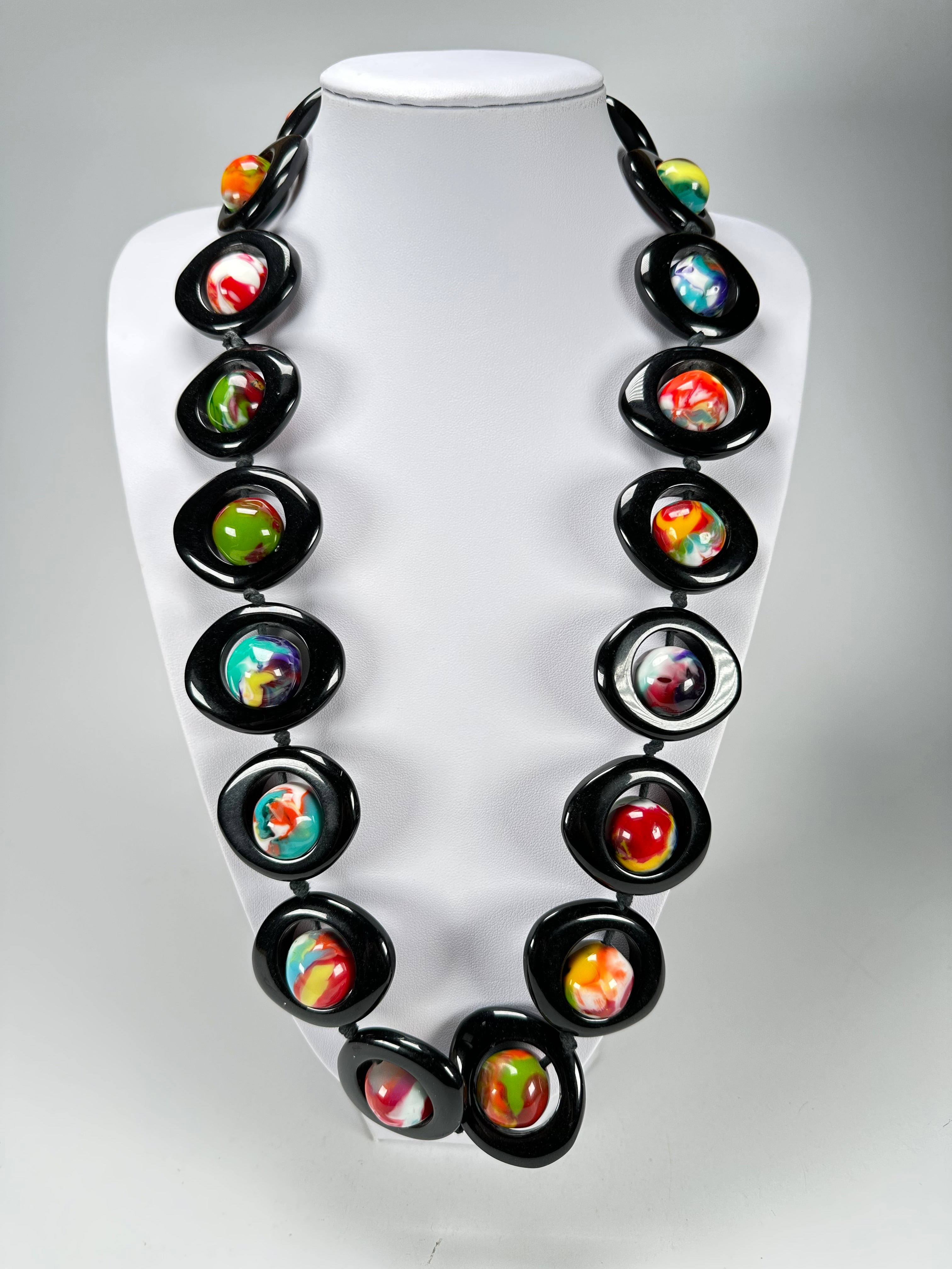 Jackie Brazil "Saturn" Black & Kandinsky Disc & Ball Long 75cm Necklace ( N0052 )