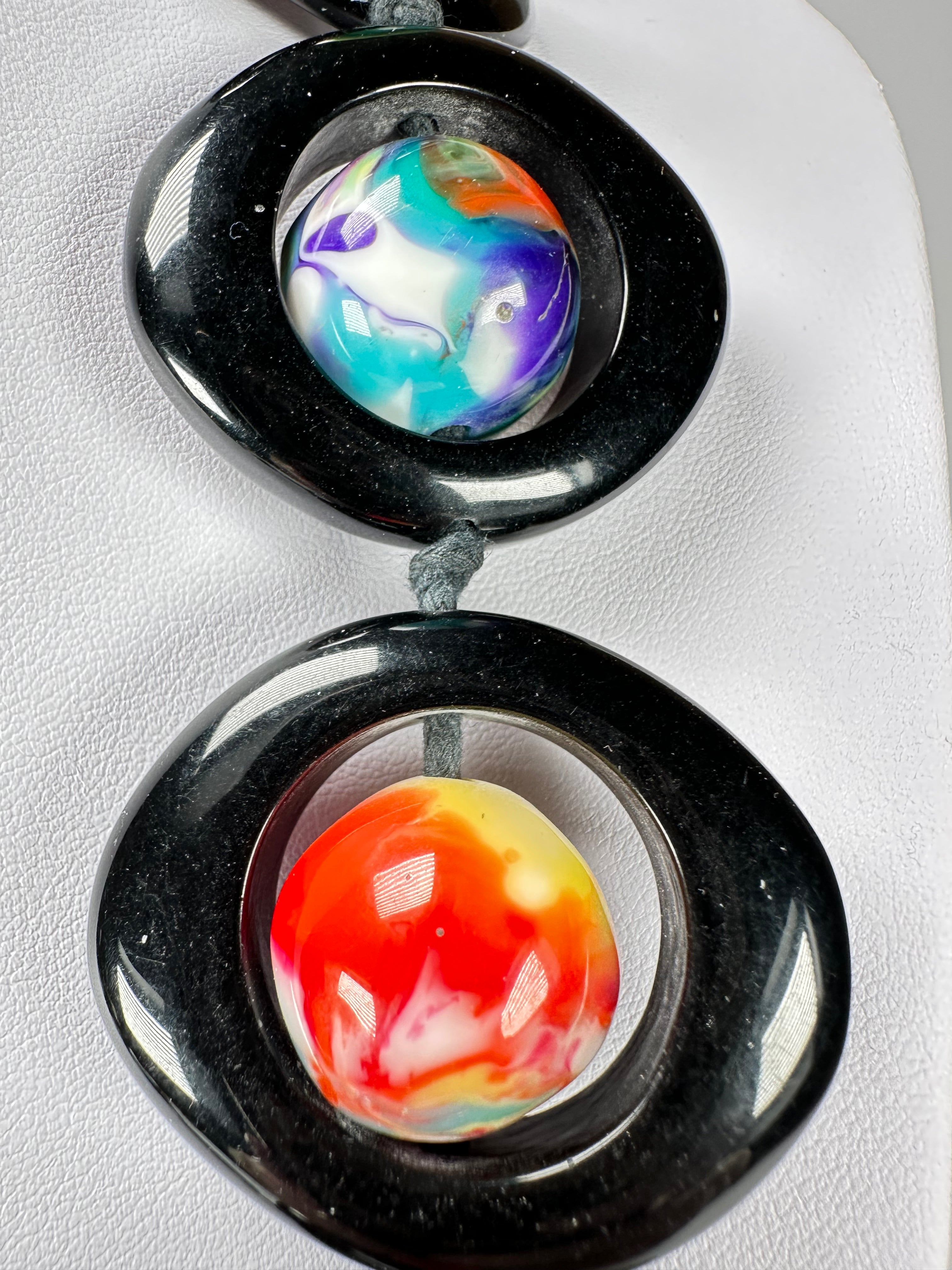 Jackie Brazil "Saturn" Black & Kandinsky Disc & Ball Long 75cm Necklace ( N0052 )