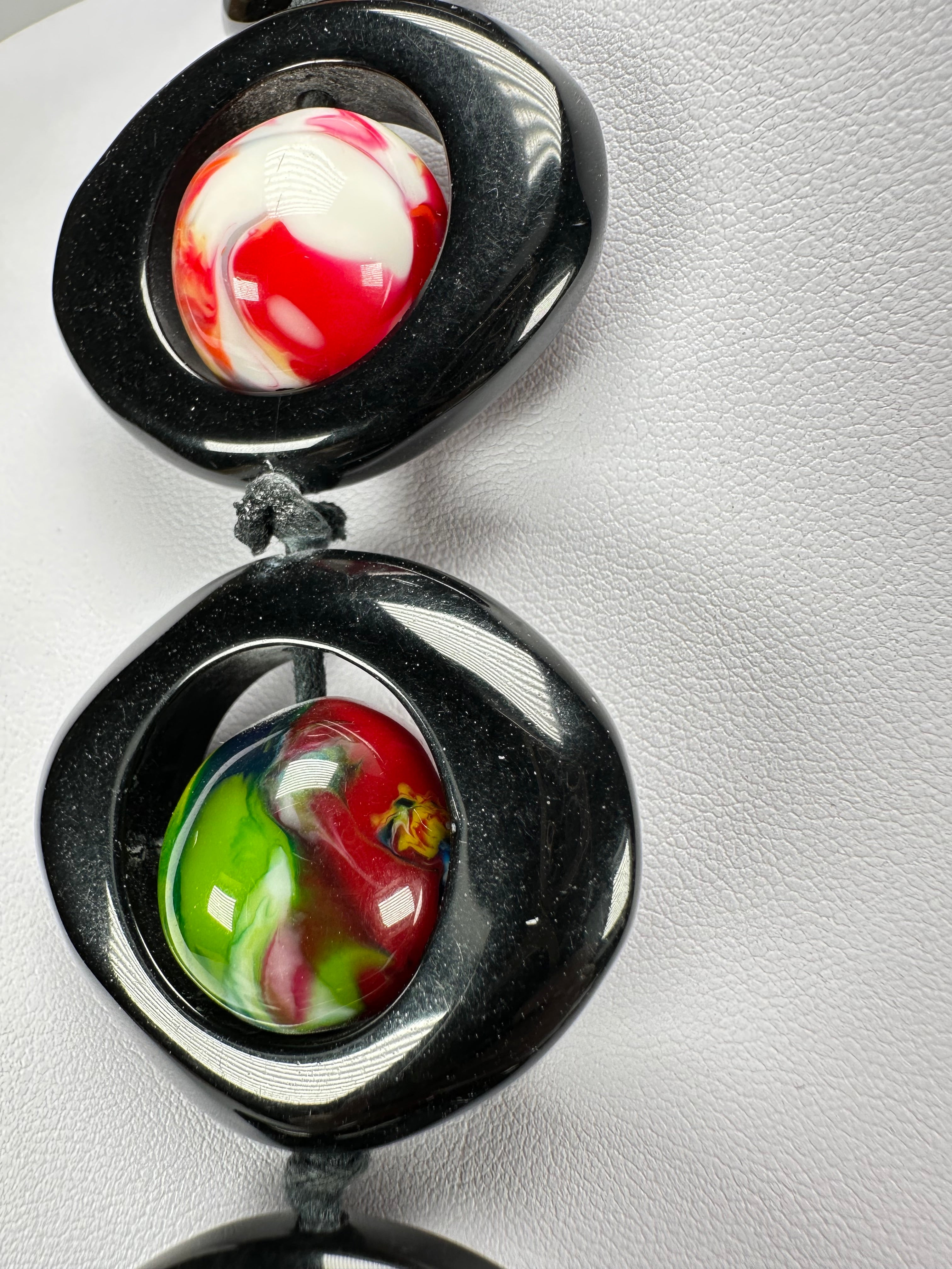 Jackie Brazil "Saturn" Black & Kandinsky Disc & Ball Long 75cm Necklace ( N0052 )