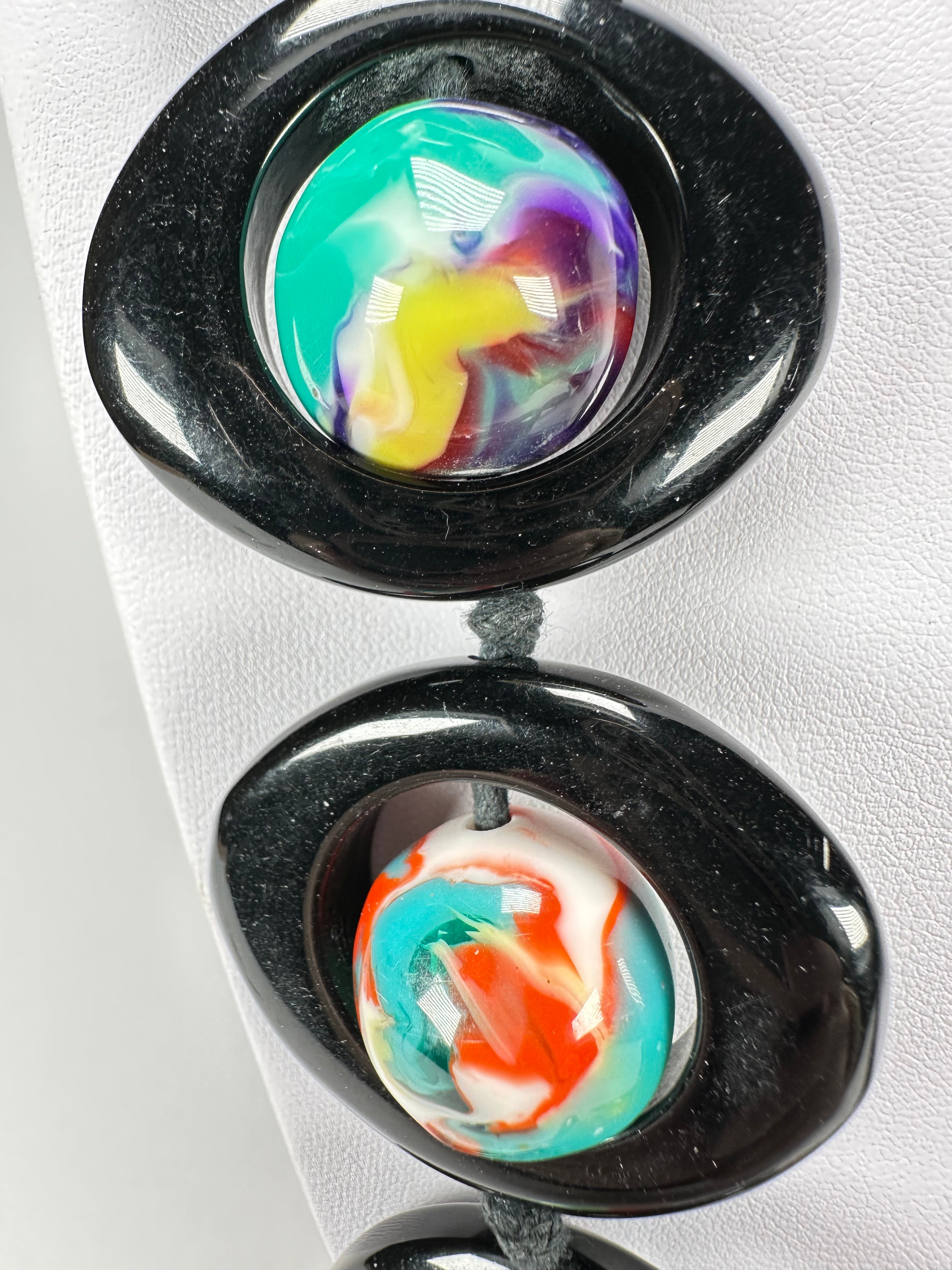 Jackie Brazil "Saturn" Black & Kandinsky Disc & Ball Long 75cm Necklace ( N0052 )