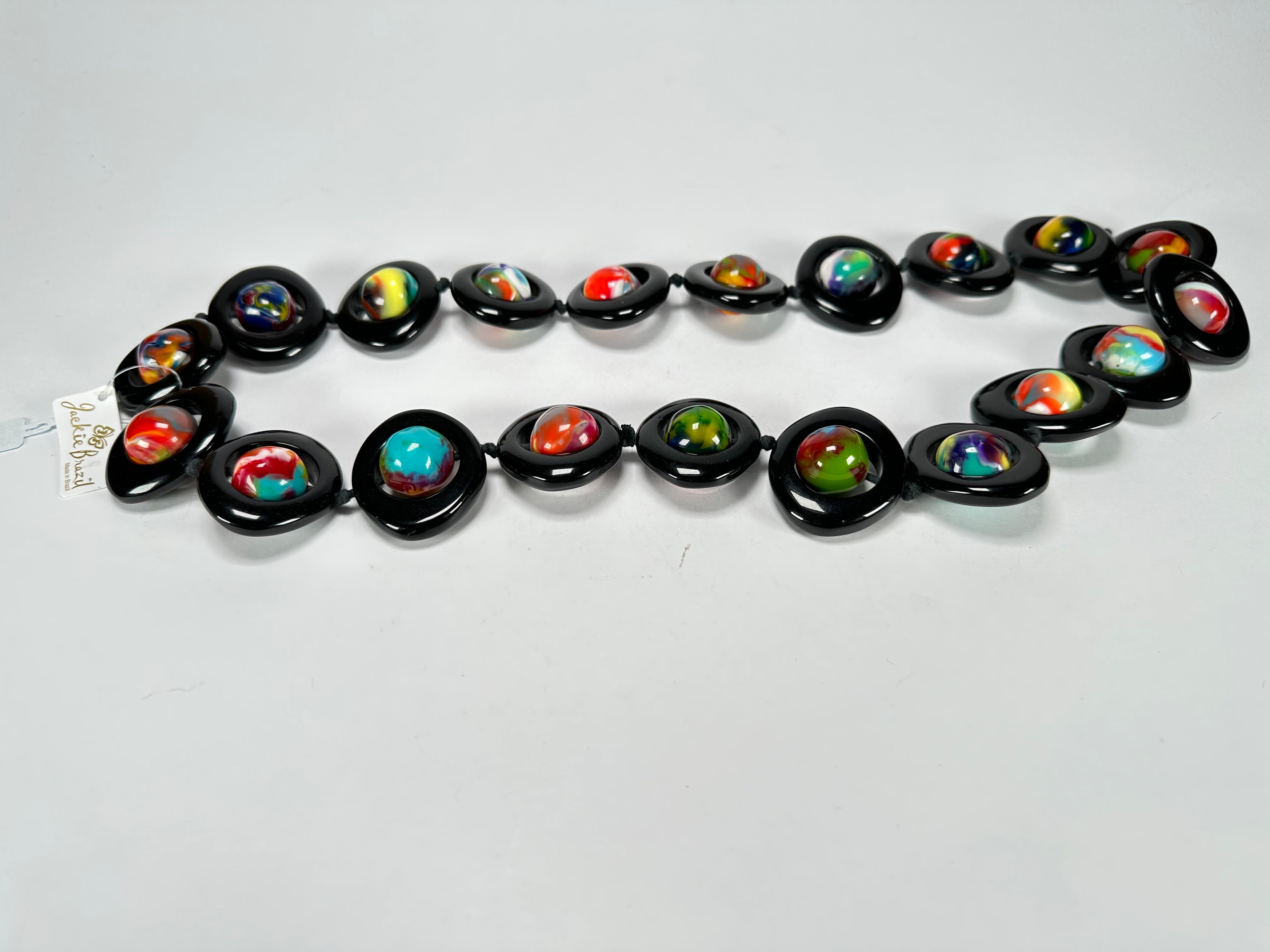 Jackie Brazil "Saturn" Black & Kandinsky Disc & Ball Long 75cm Necklace ( N0052 )
