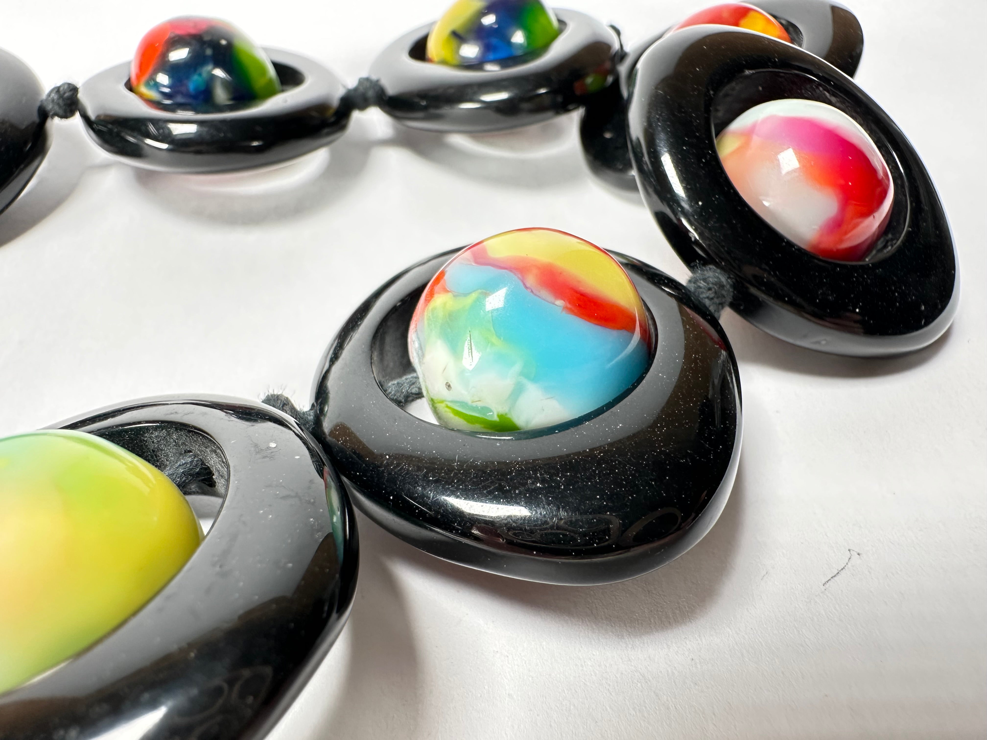 Jackie Brazil "Saturn" Black & Kandinsky Disc & Ball Long 75cm Necklace ( N0052 )