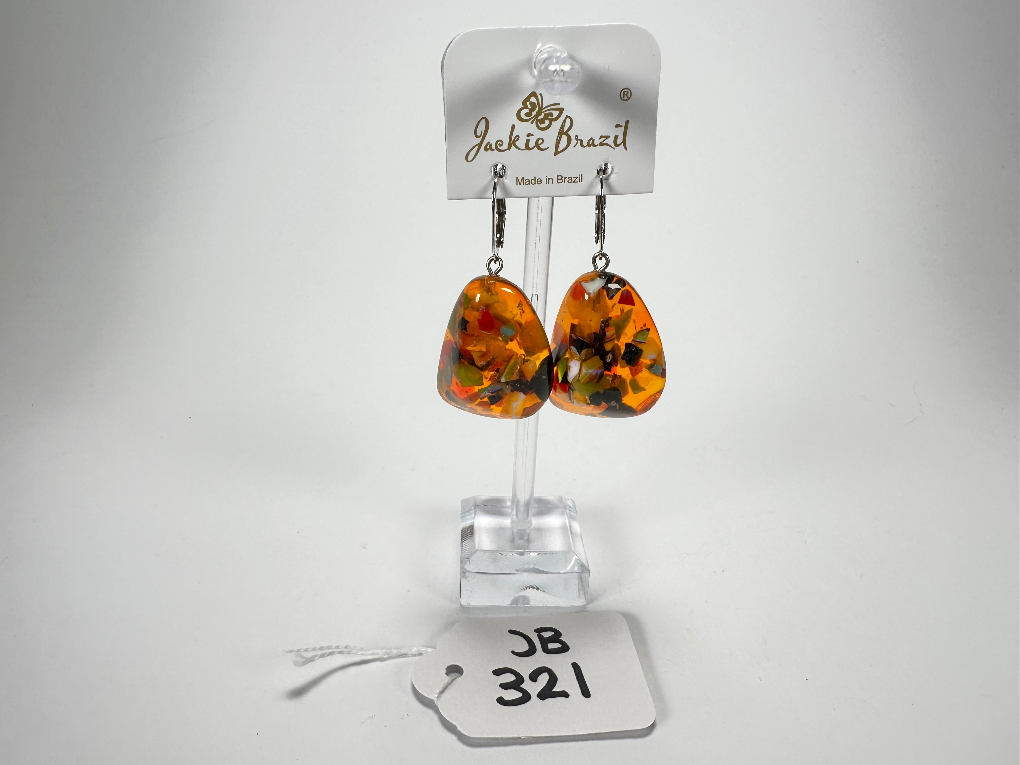 Jackie Brazil "Diamond" Orange Mix Flinstone on Hook Resin Earrings ( E0700 )