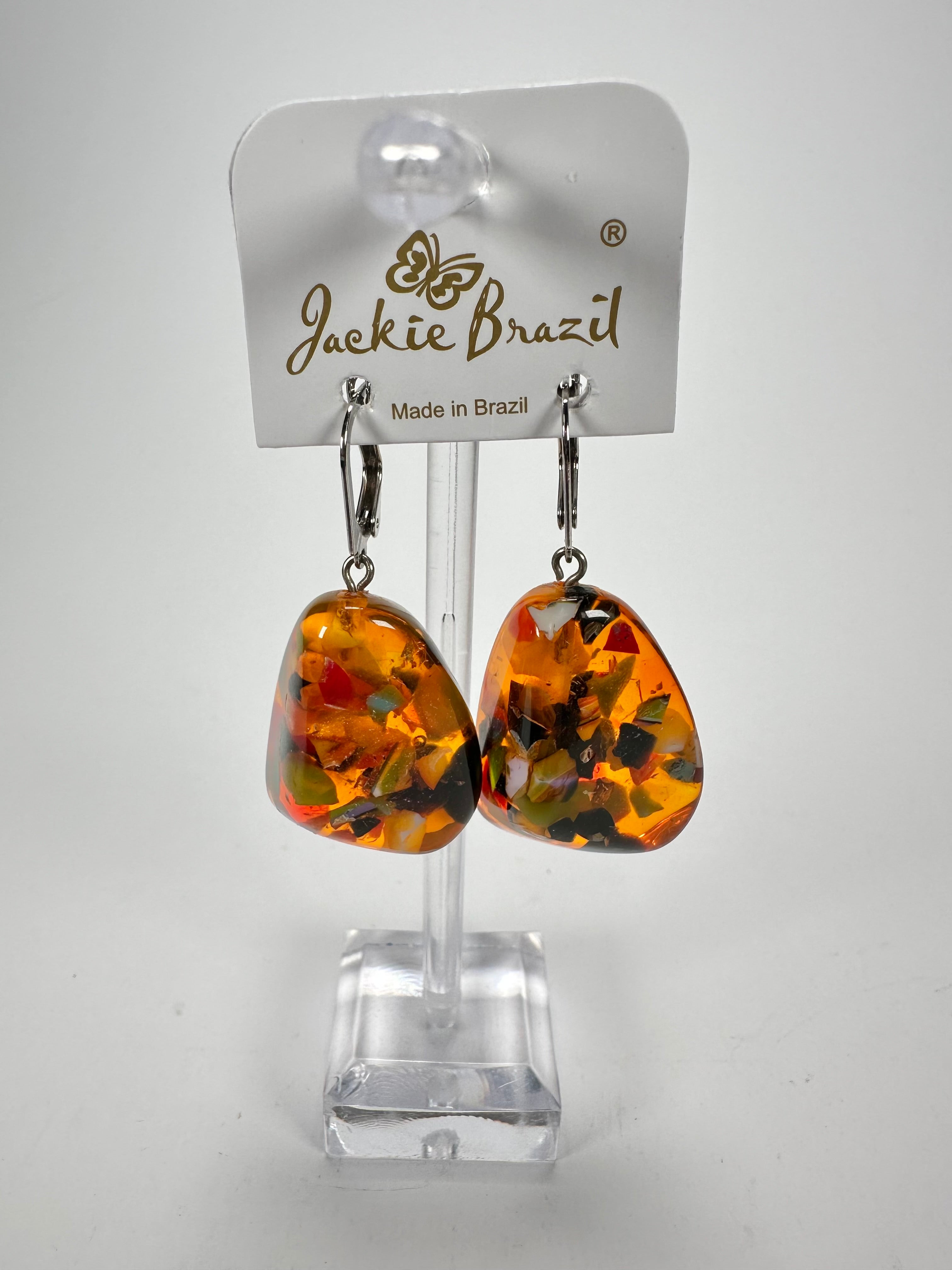 Jackie Brazil "Diamond" Orange Mix Flinstone on Hook Resin Earrings ( E0700 )