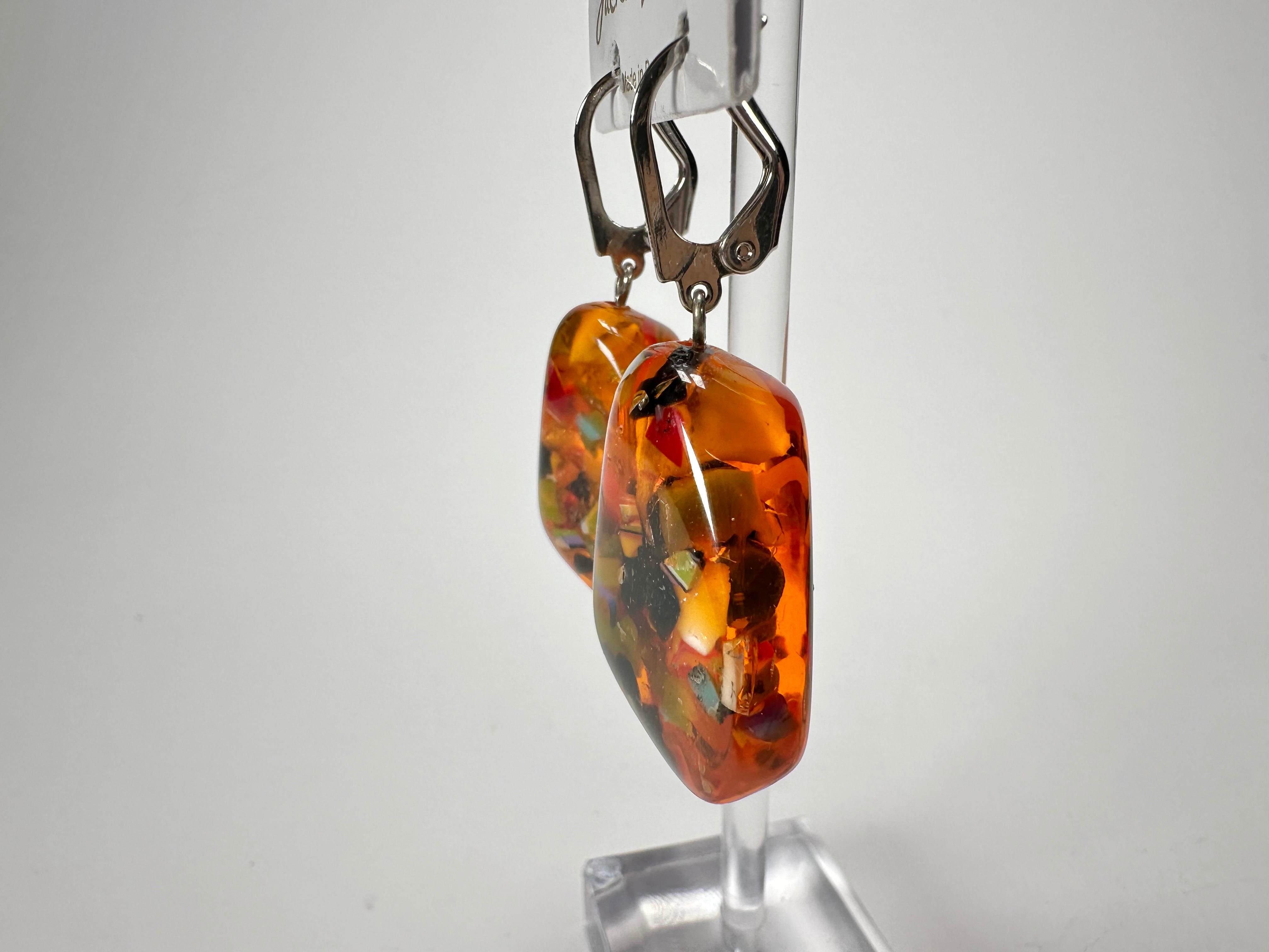 Jackie Brazil "Diamond" Orange Mix Flinstone on Hook Resin Earrings ( E0700 )