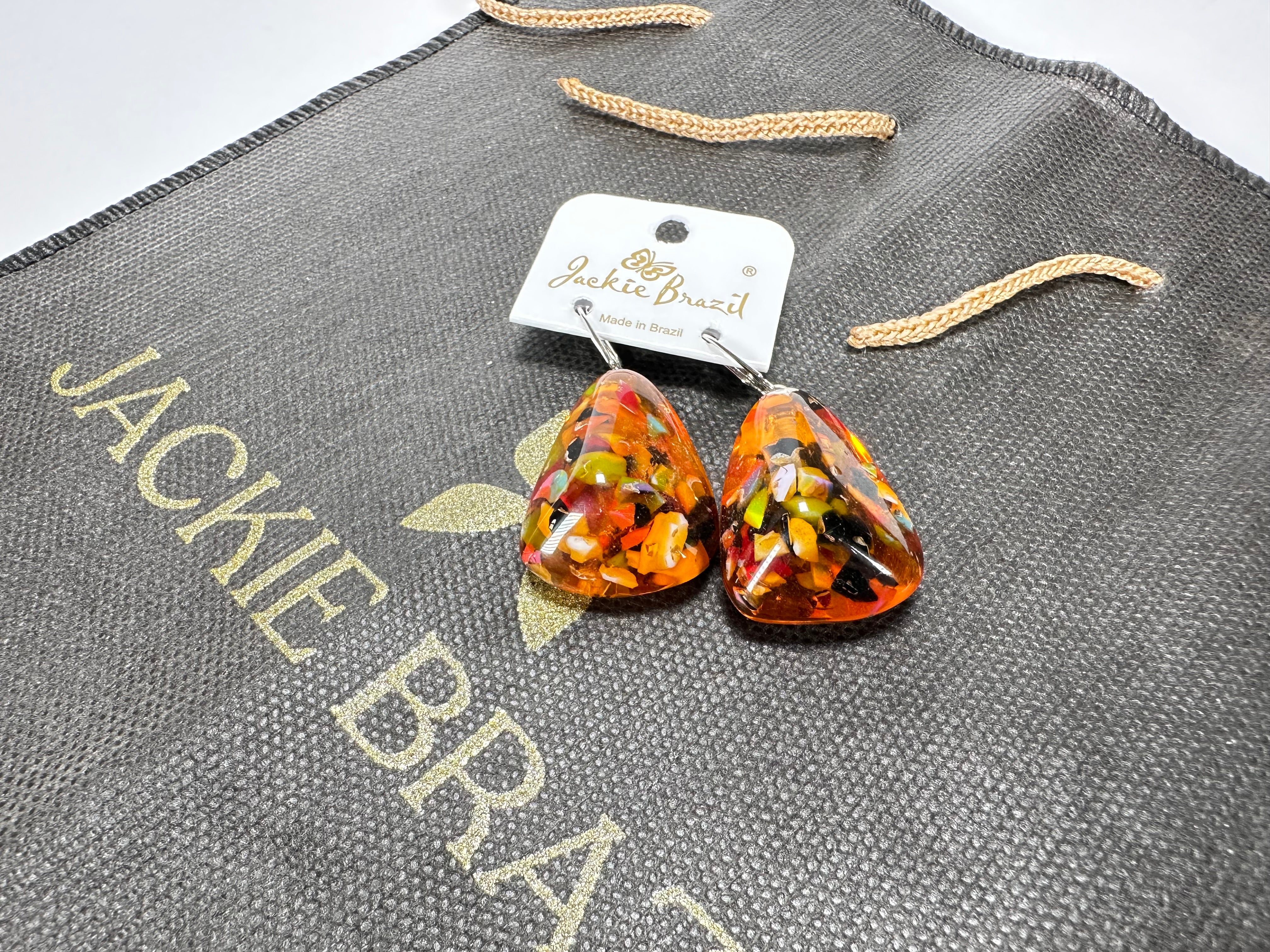 Jackie Brazil "Diamond" Orange Mix Flinstone on Hook Resin Earrings ( E0700 )
