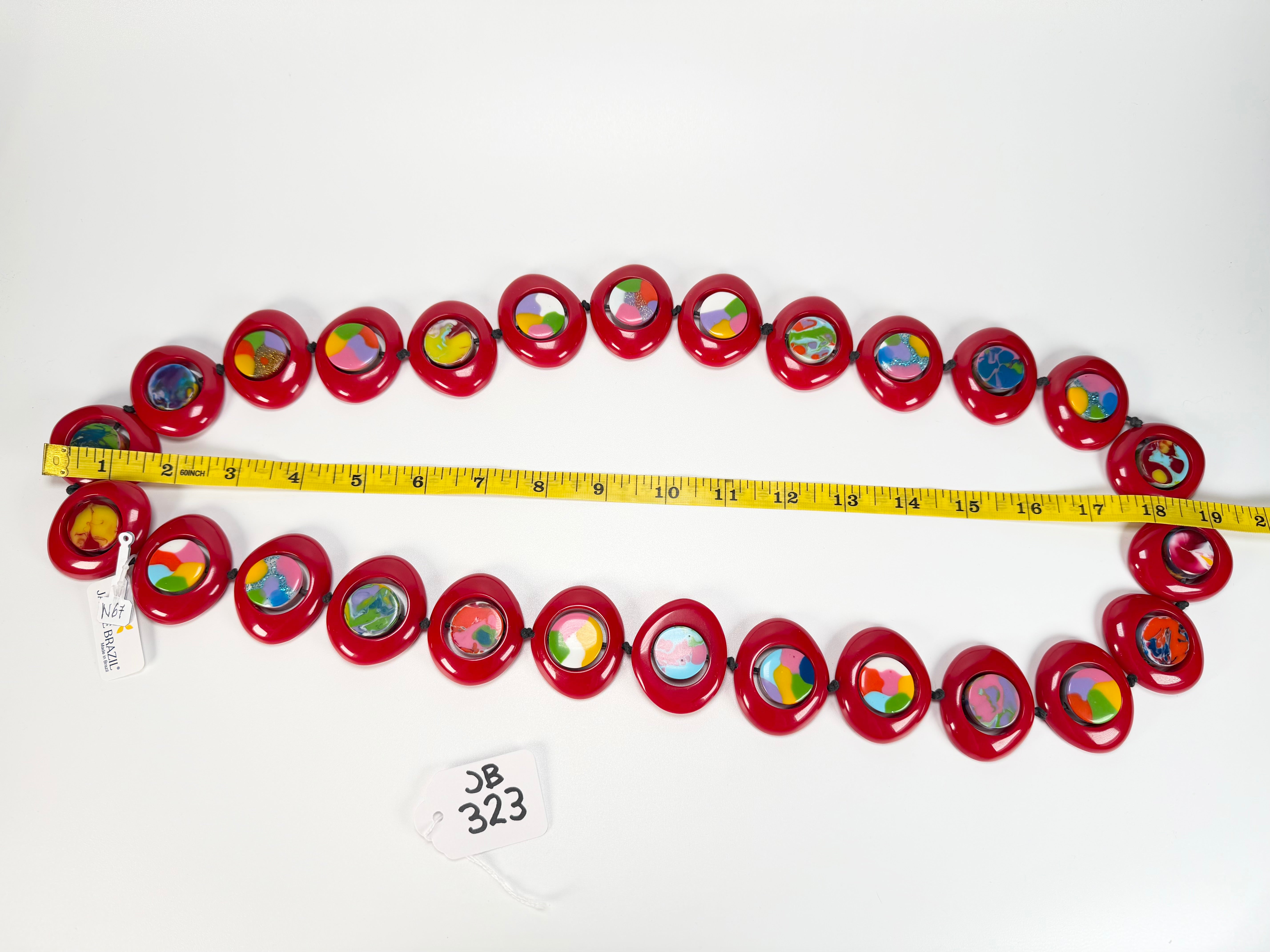 Jackie Brazil "Saturn" Red Gloss & Kandinsky Disc & Cylinder Long 110cm Necklace ( N0067 )