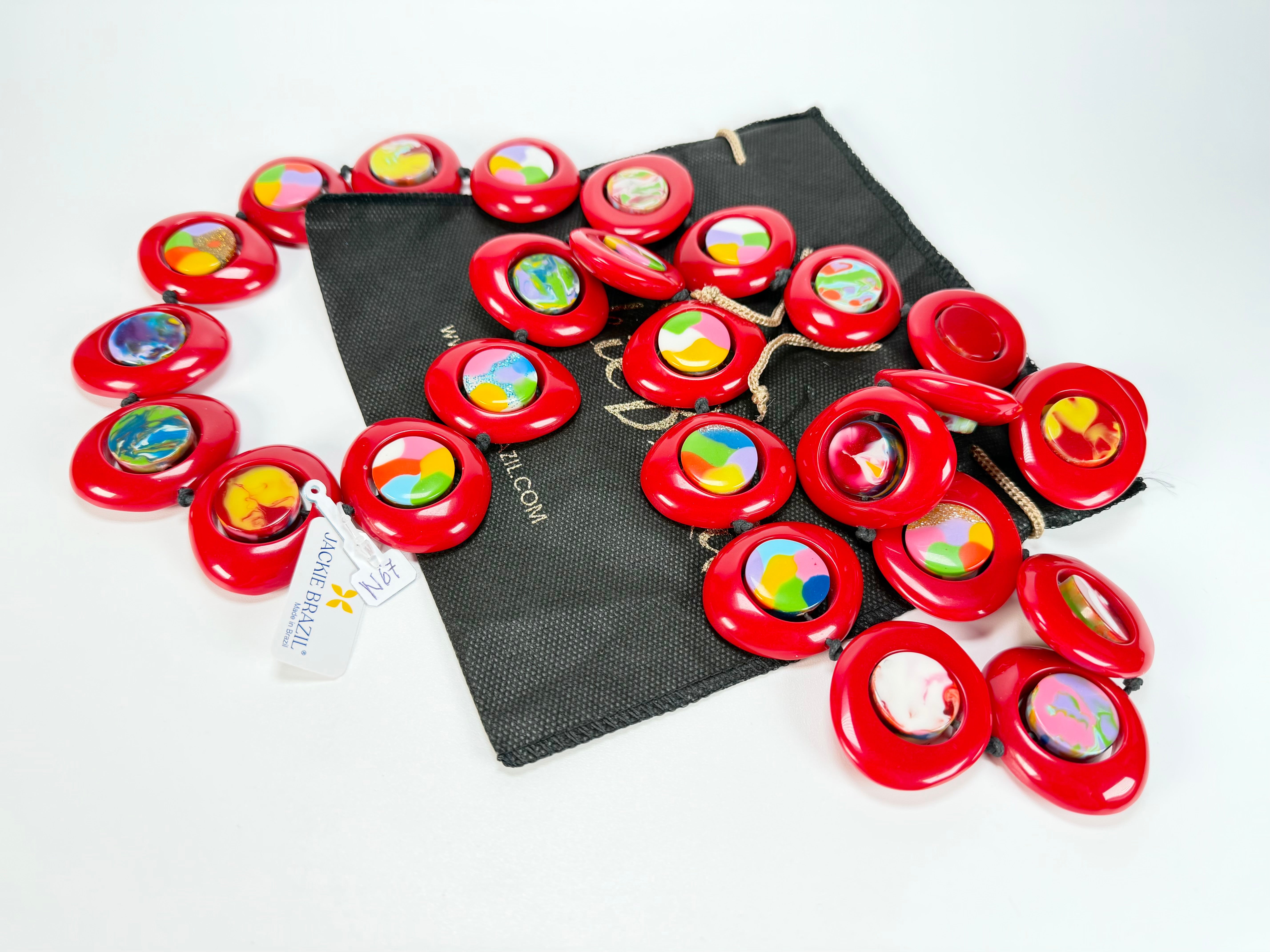 Jackie Brazil "Saturn" Red Gloss & Kandinsky Disc & Cylinder Long 110cm Necklace ( N0067 )