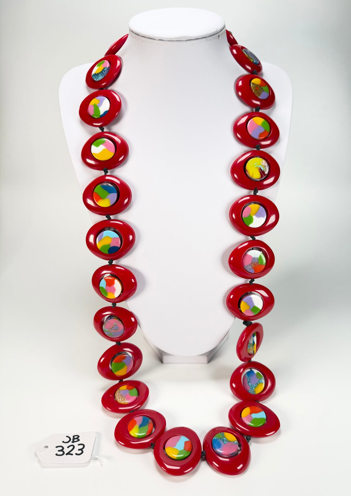 Jackie Brazil "Saturn" Red Gloss & Kandinsky Disc & Cylinder Long 110cm Necklace ( N0067 )