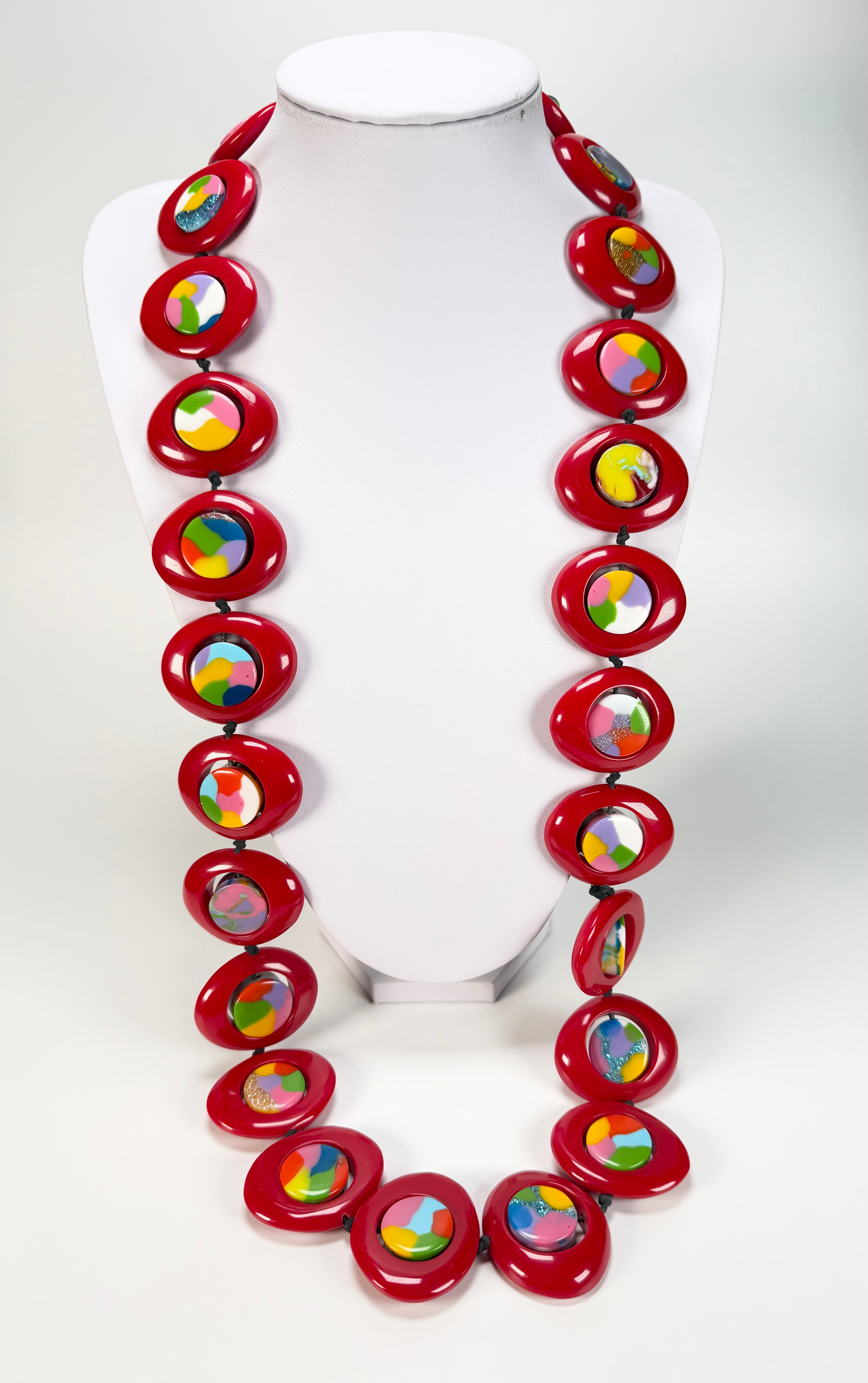 Jackie Brazil "Saturn" Red Gloss & Kandinsky Disc & Cylinder Long 110cm Necklace ( N0067 )