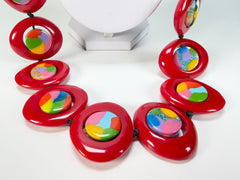 Jackie Brazil "Saturn" Red Gloss & Kandinsky Disc & Cylinder Long 110cm Necklace ( N0067 )