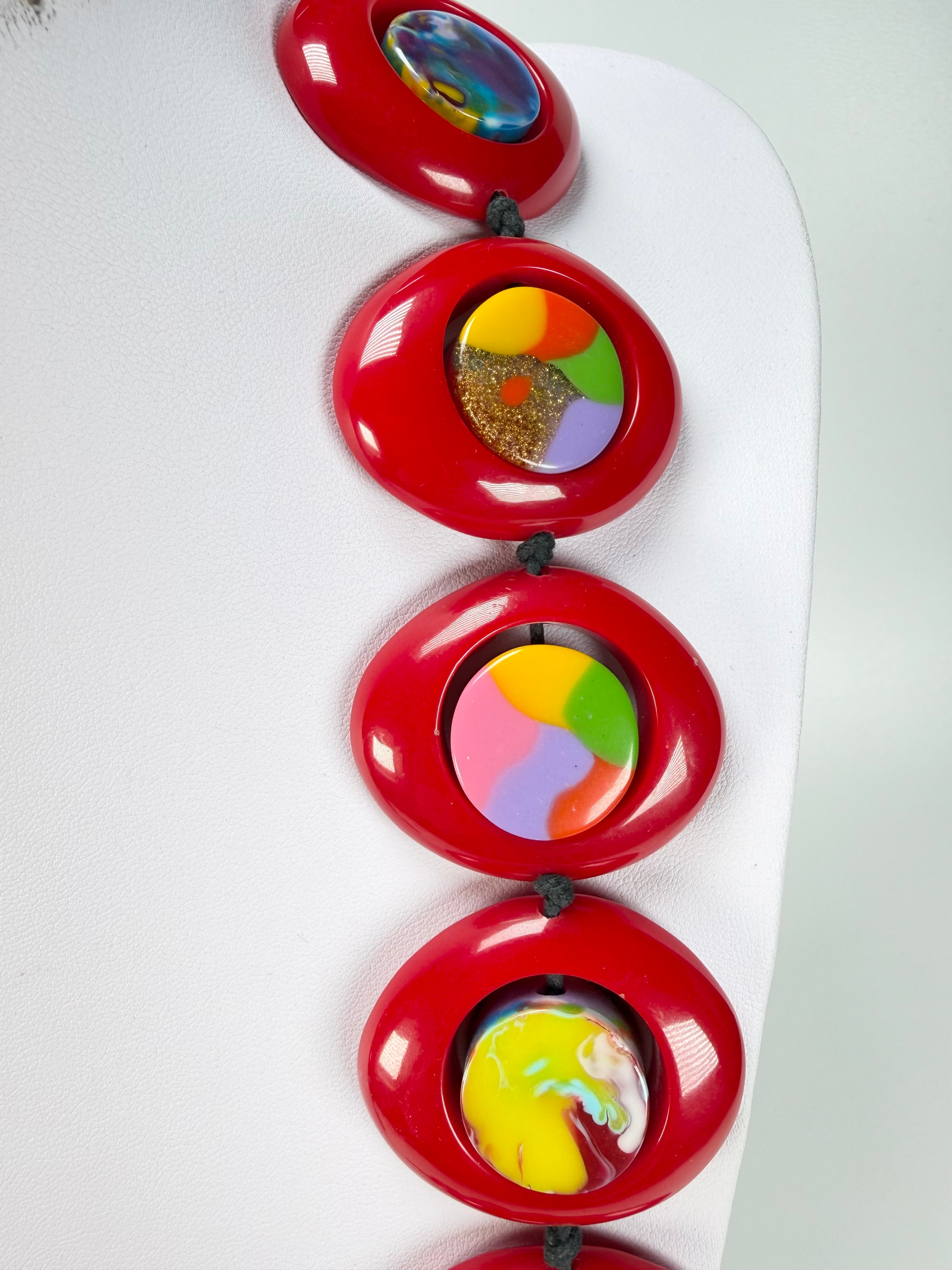 Jackie Brazil "Saturn" Red Gloss & Kandinsky Disc & Cylinder Long 110cm Necklace ( N0067 )