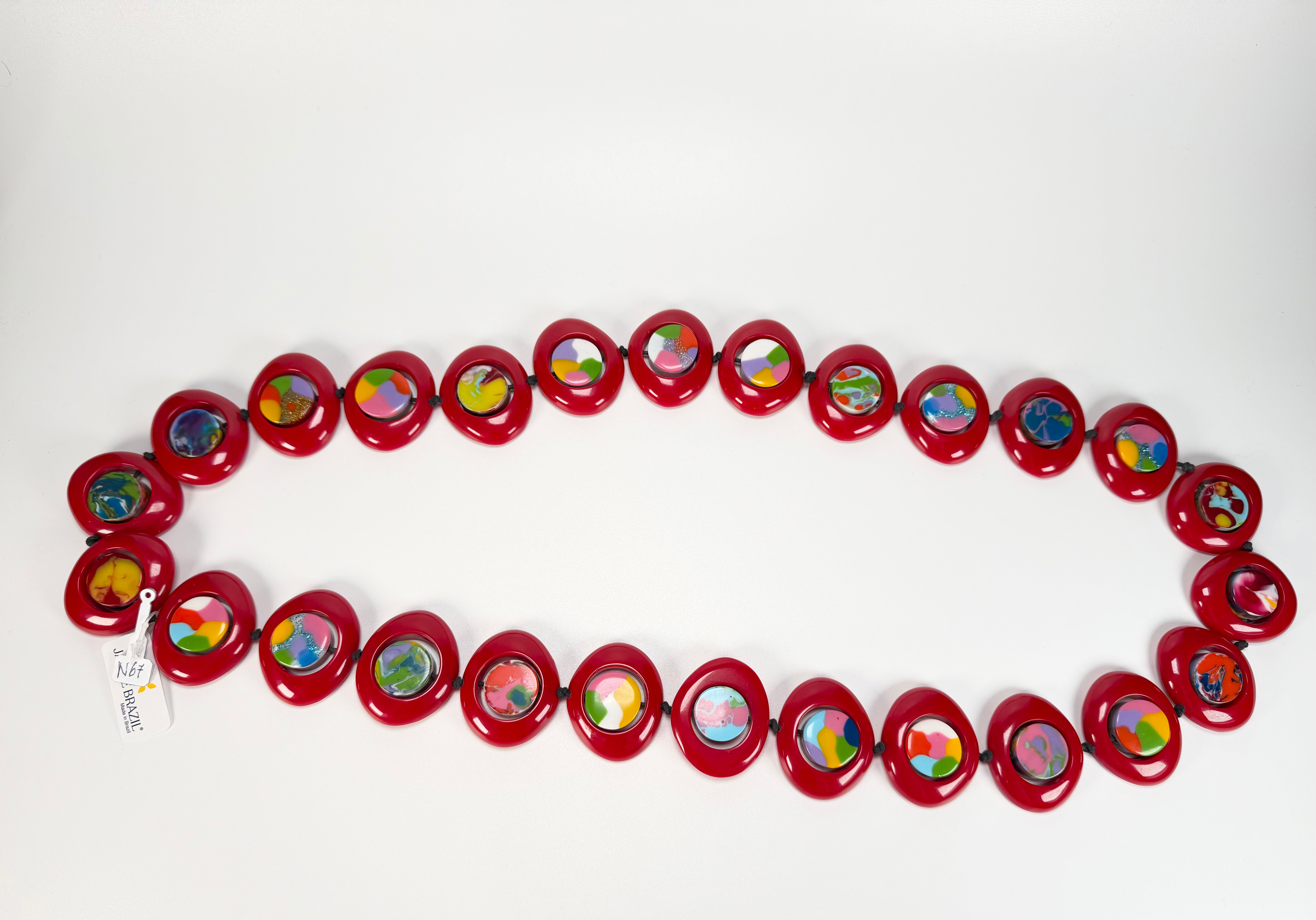 Jackie Brazil "Saturn" Red Gloss & Kandinsky Disc & Cylinder Long 110cm Necklace ( N0067 )