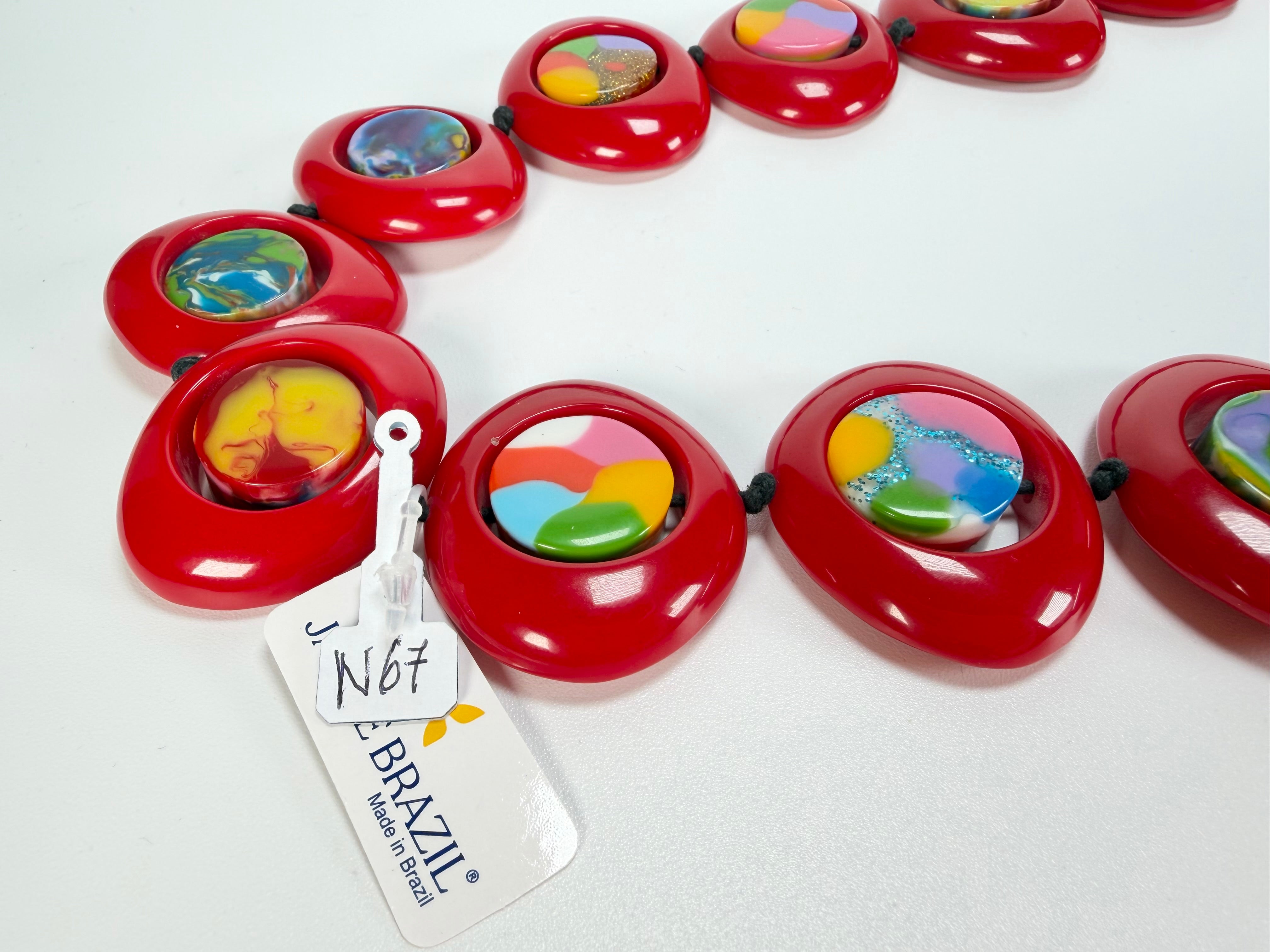 Jackie Brazil "Saturn" Red Gloss & Kandinsky Disc & Cylinder Long 110cm Necklace ( N0067 )