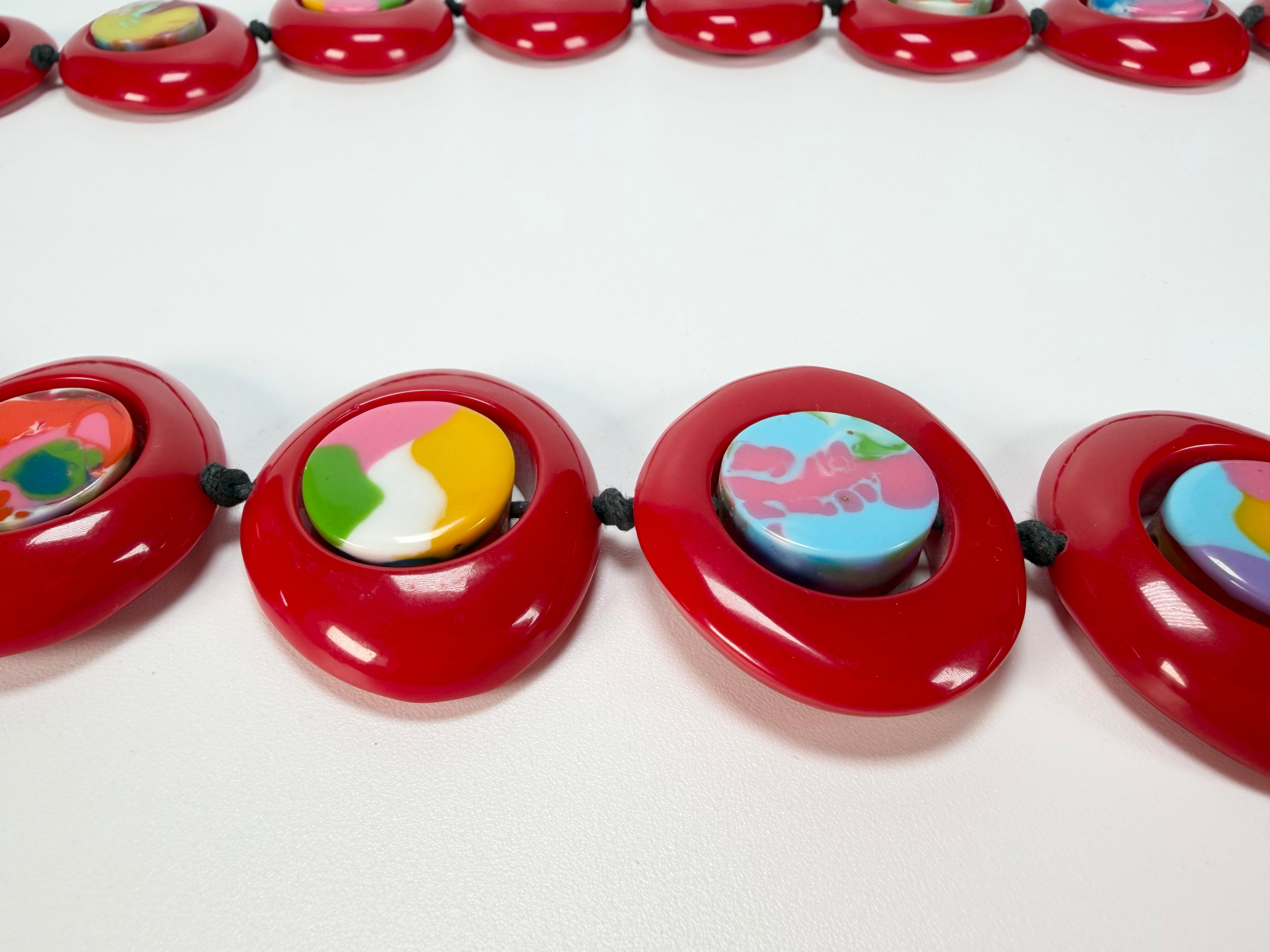 Jackie Brazil "Saturn" Red Gloss & Kandinsky Disc & Cylinder Long 110cm Necklace ( N0067 )
