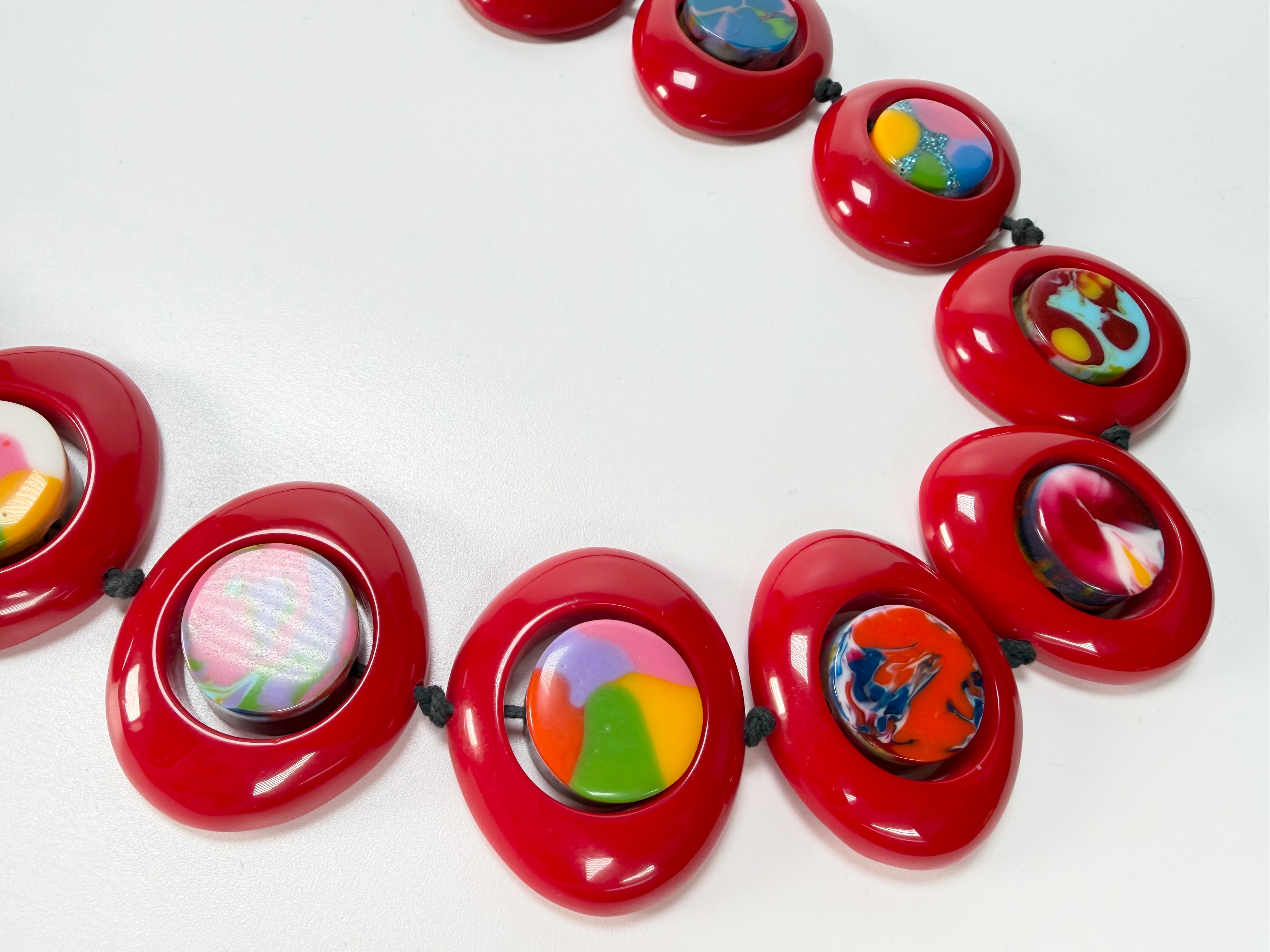 Jackie Brazil "Saturn" Red Gloss & Kandinsky Disc & Cylinder Long 110cm Necklace ( N0067 )