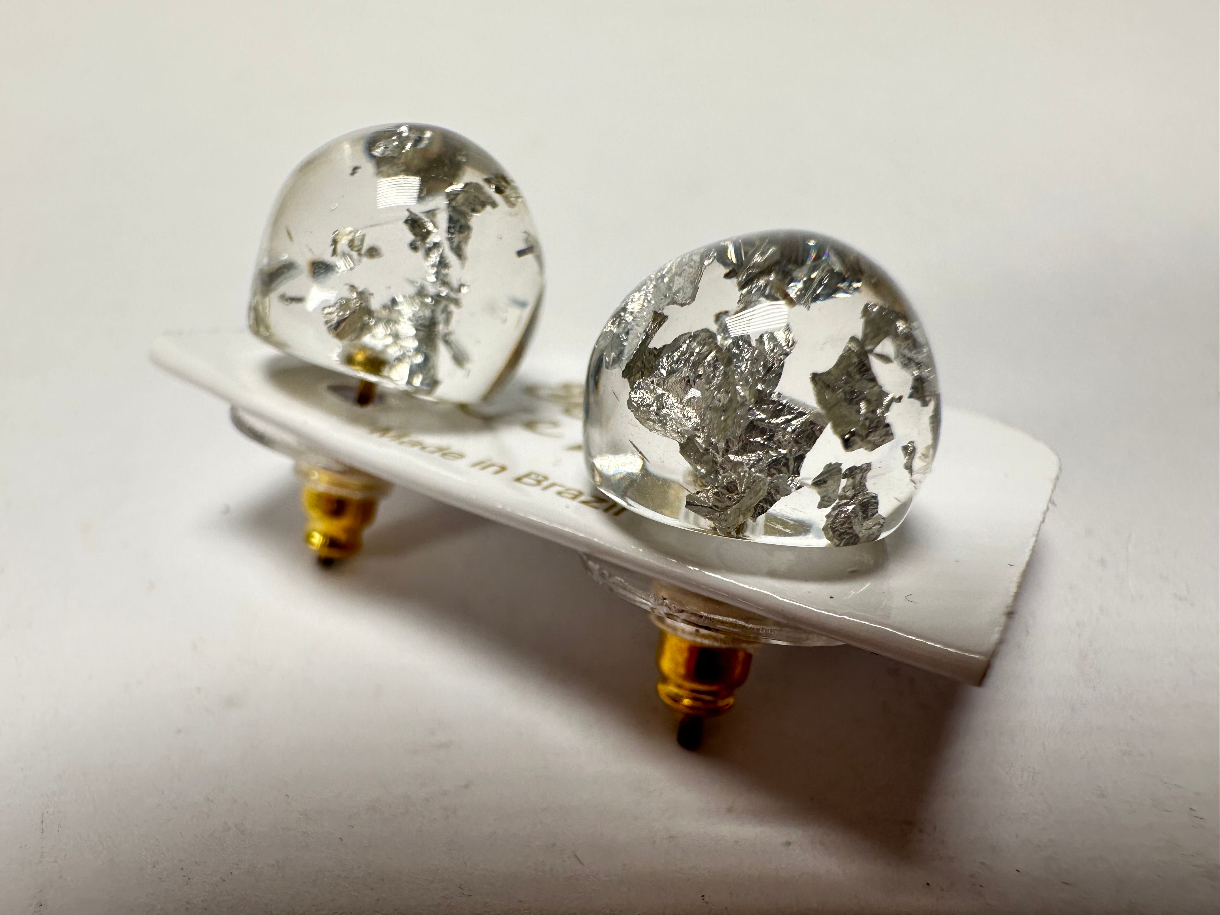 Jackie Brazil "Betty" Silver Flakes Small Ball Stud Resin Earrings ( E0095 )