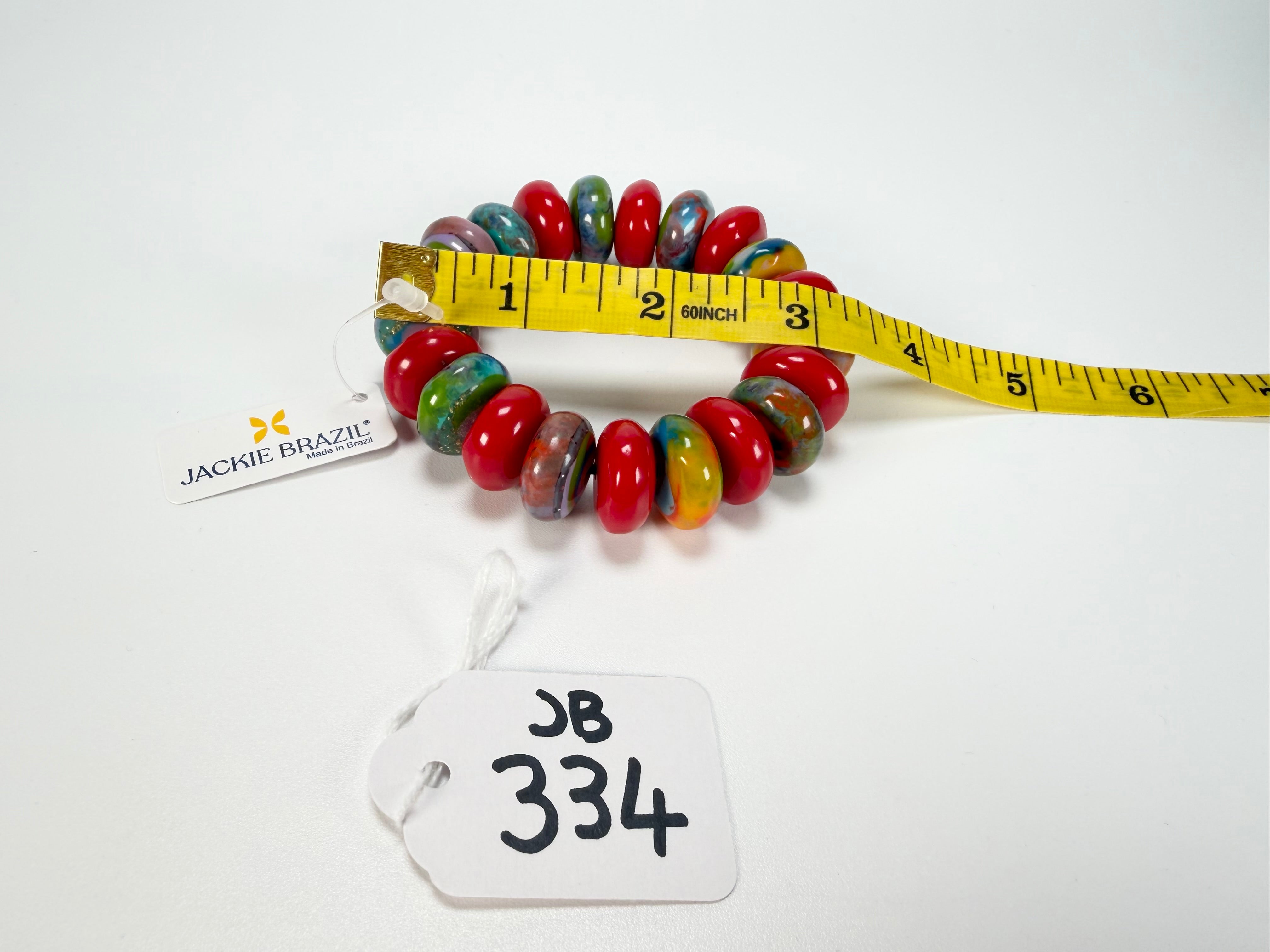 Jackie Brazil "Bela" Red Gloss & Kandinsky Elasticated Mini Wheels Resin Bracelet ( B0920 )