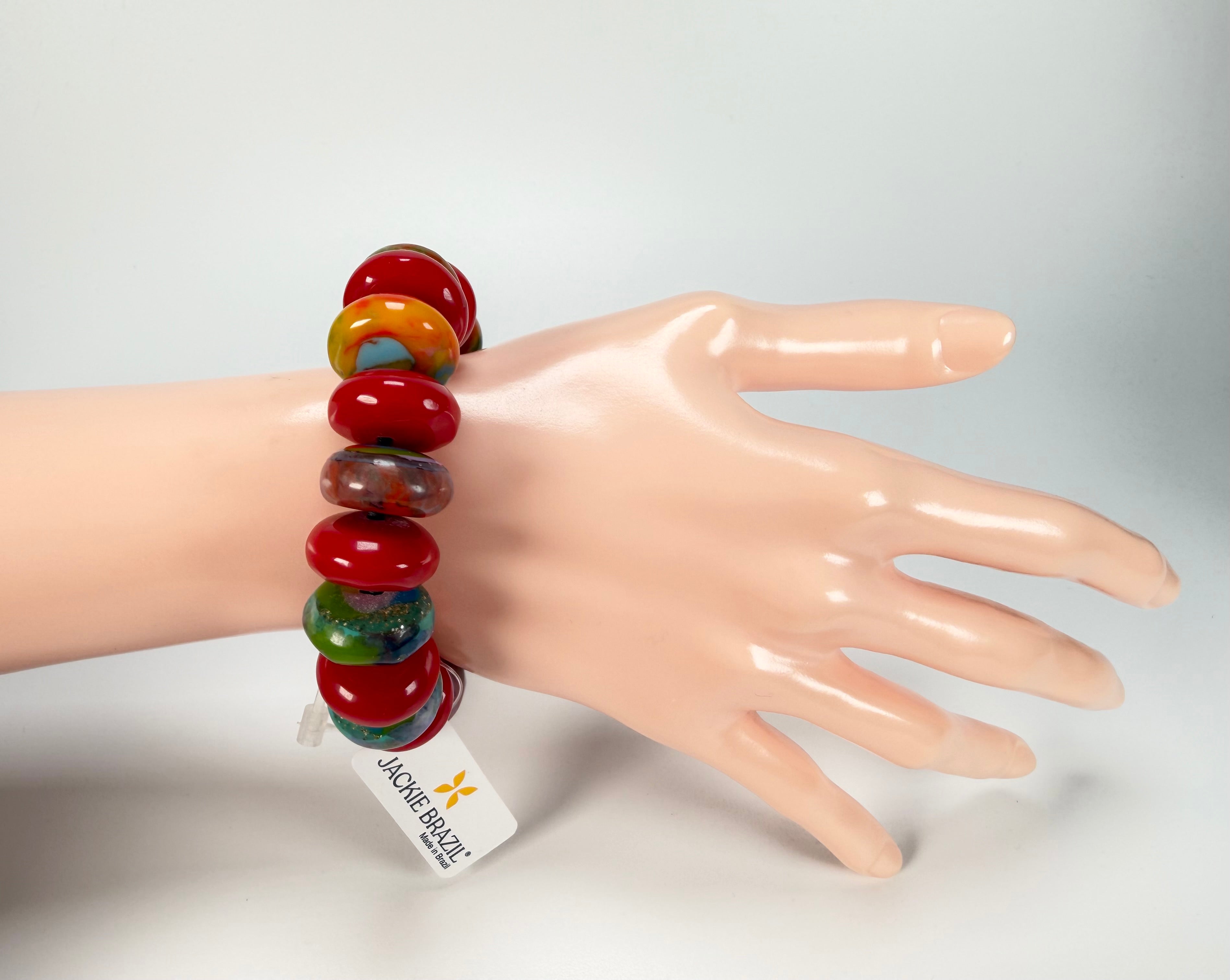 Jackie Brazil "Bela" Red Gloss & Kandinsky Elasticated Mini Wheels Resin Bracelet ( B0920 )