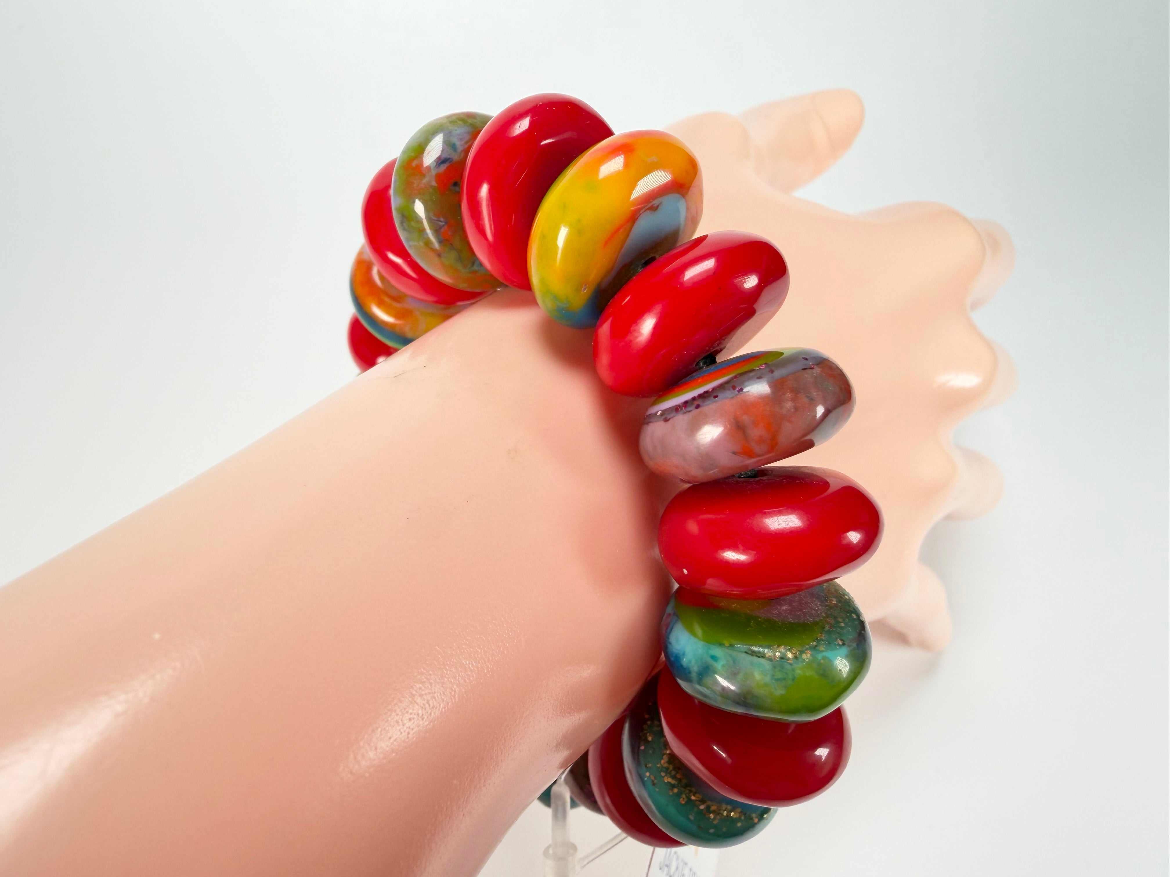 Jackie Brazil "Bela" Red Gloss & Kandinsky Elasticated Mini Wheels Resin Bracelet ( B0920 )