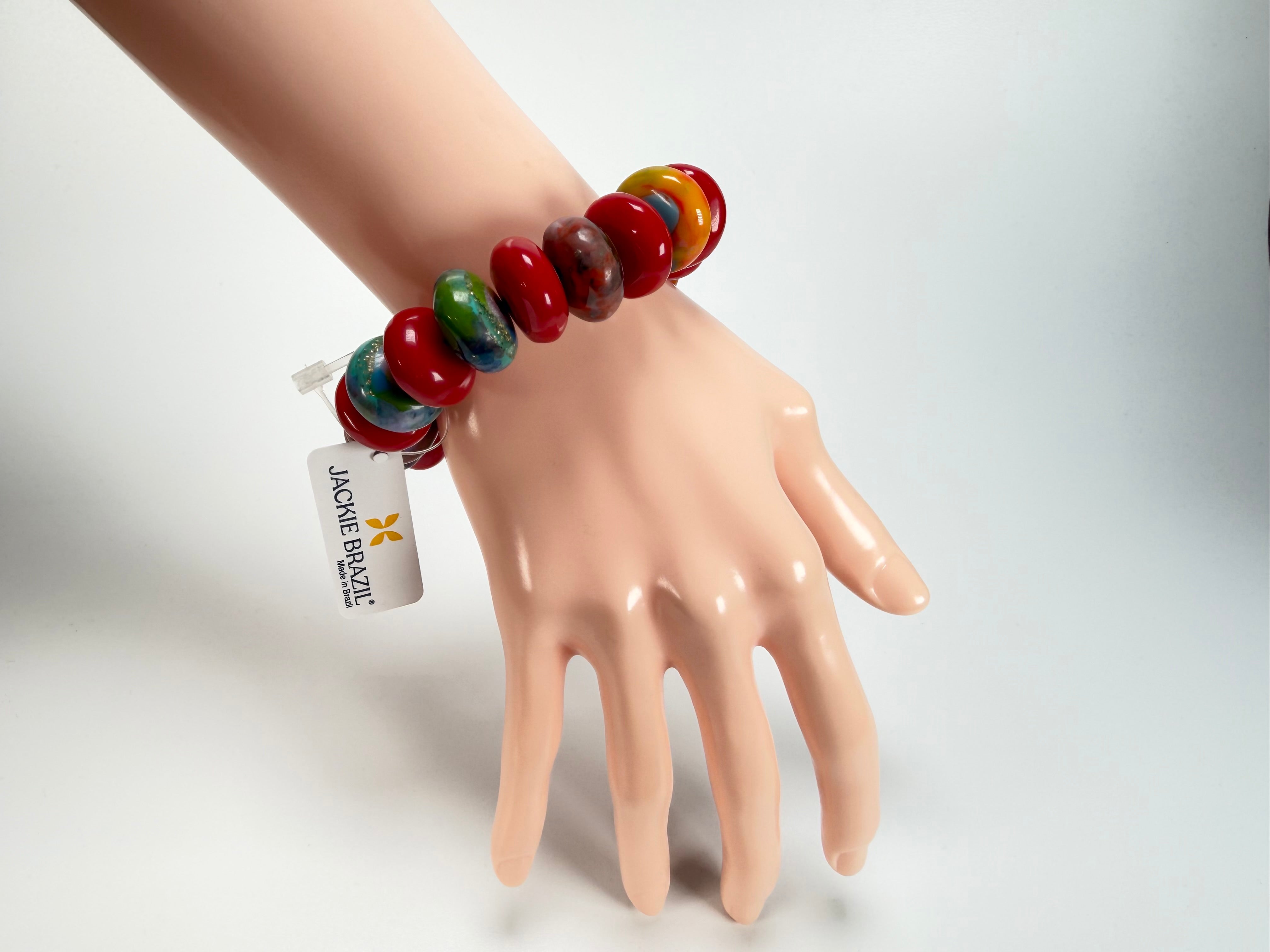 Jackie Brazil "Bela" Red Gloss & Kandinsky Elasticated Mini Wheels Resin Bracelet ( B0920 )