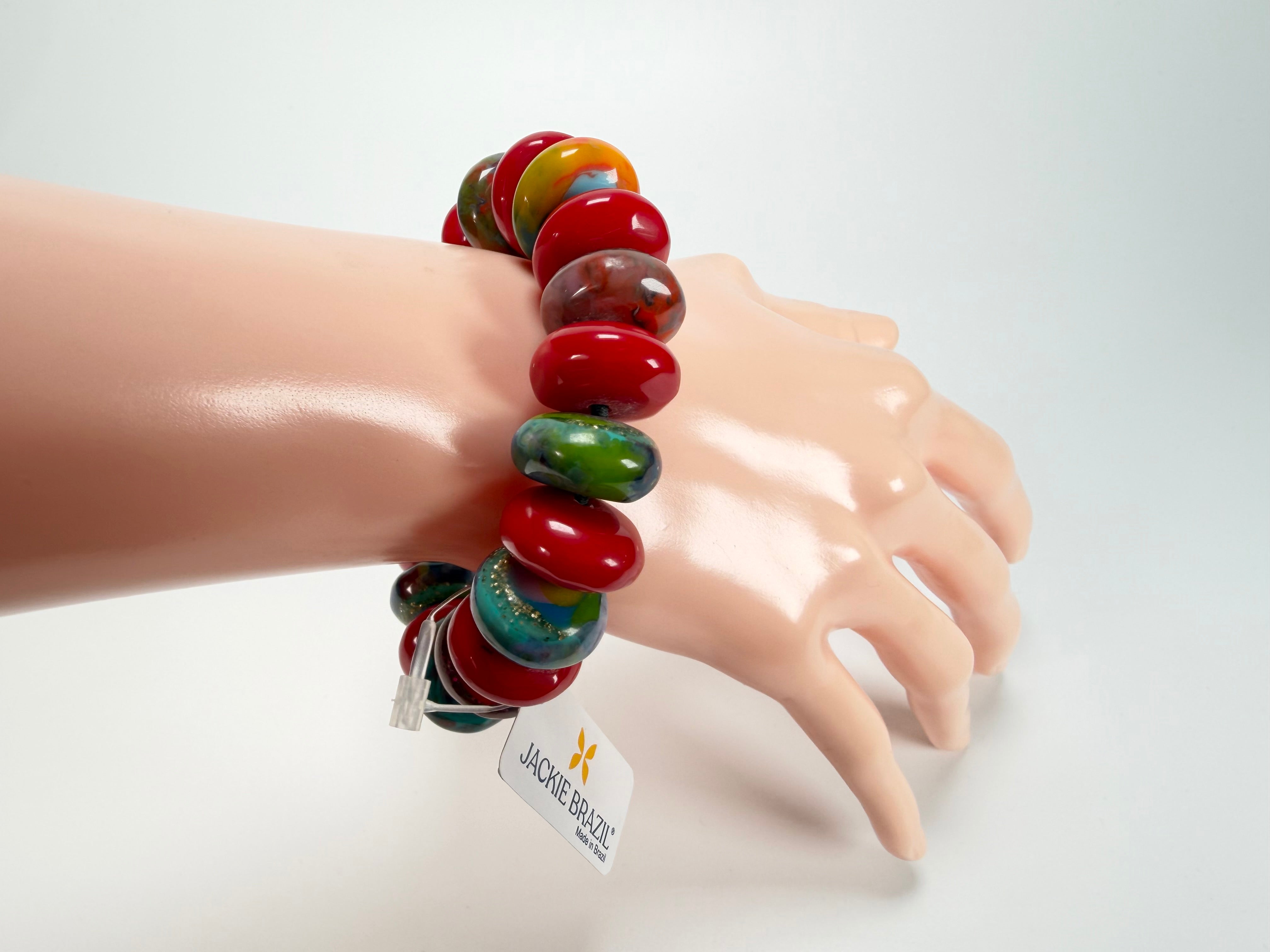 Jackie Brazil "Bela" Red Gloss & Kandinsky Elasticated Mini Wheels Resin Bracelet ( B0920 )